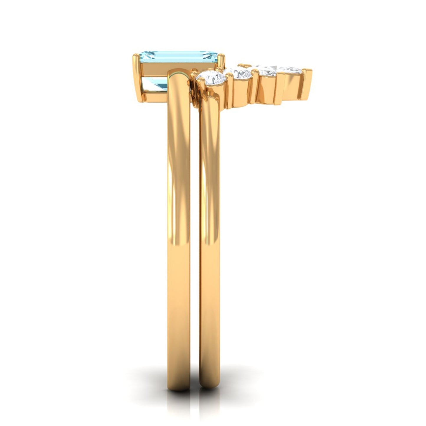 Natural Emerald Cut Aquamarine Engagement Ring with Diamond Wedding Band