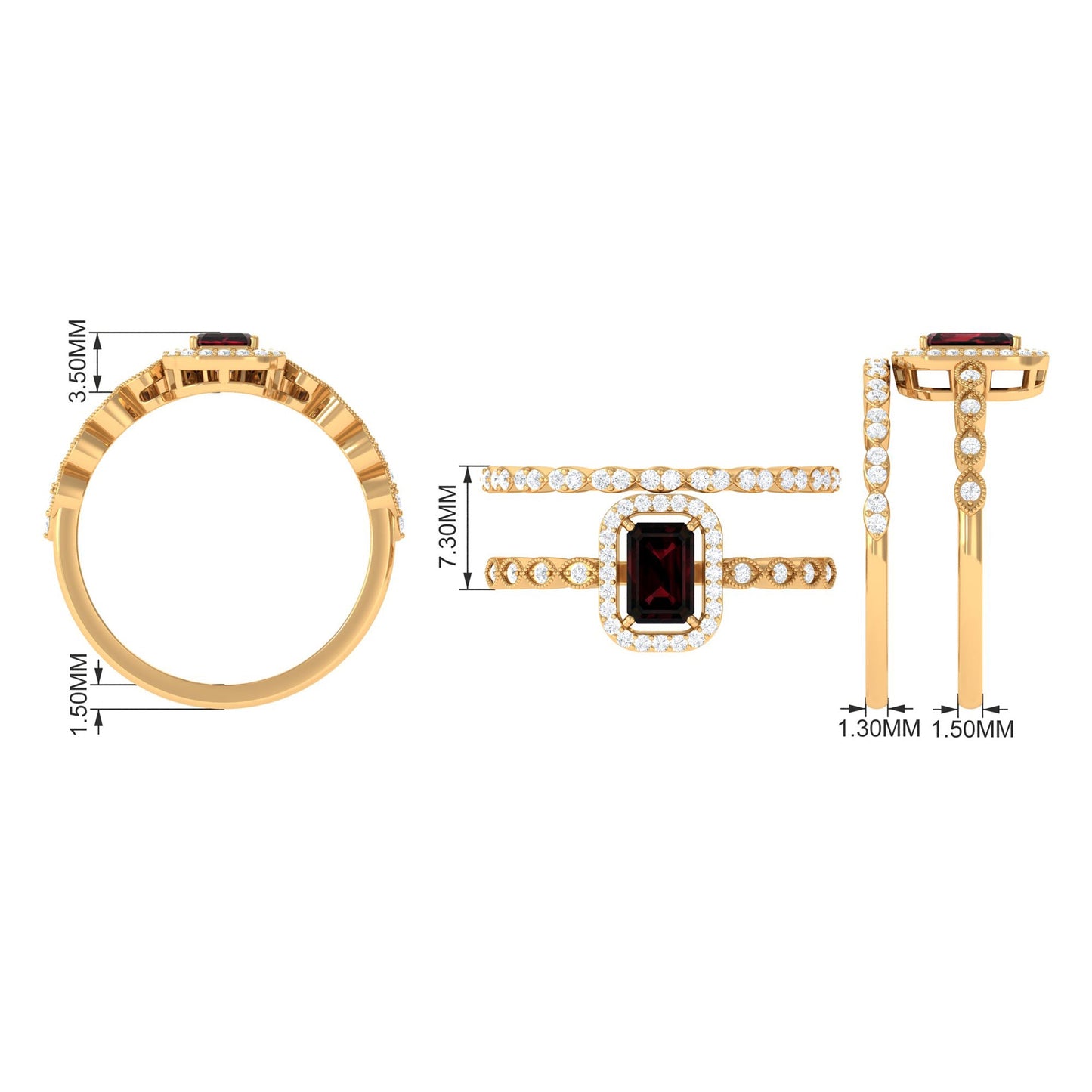 Vintage Looking Garnet Diamond Emerald Cut Wedding Bridal Ring Set