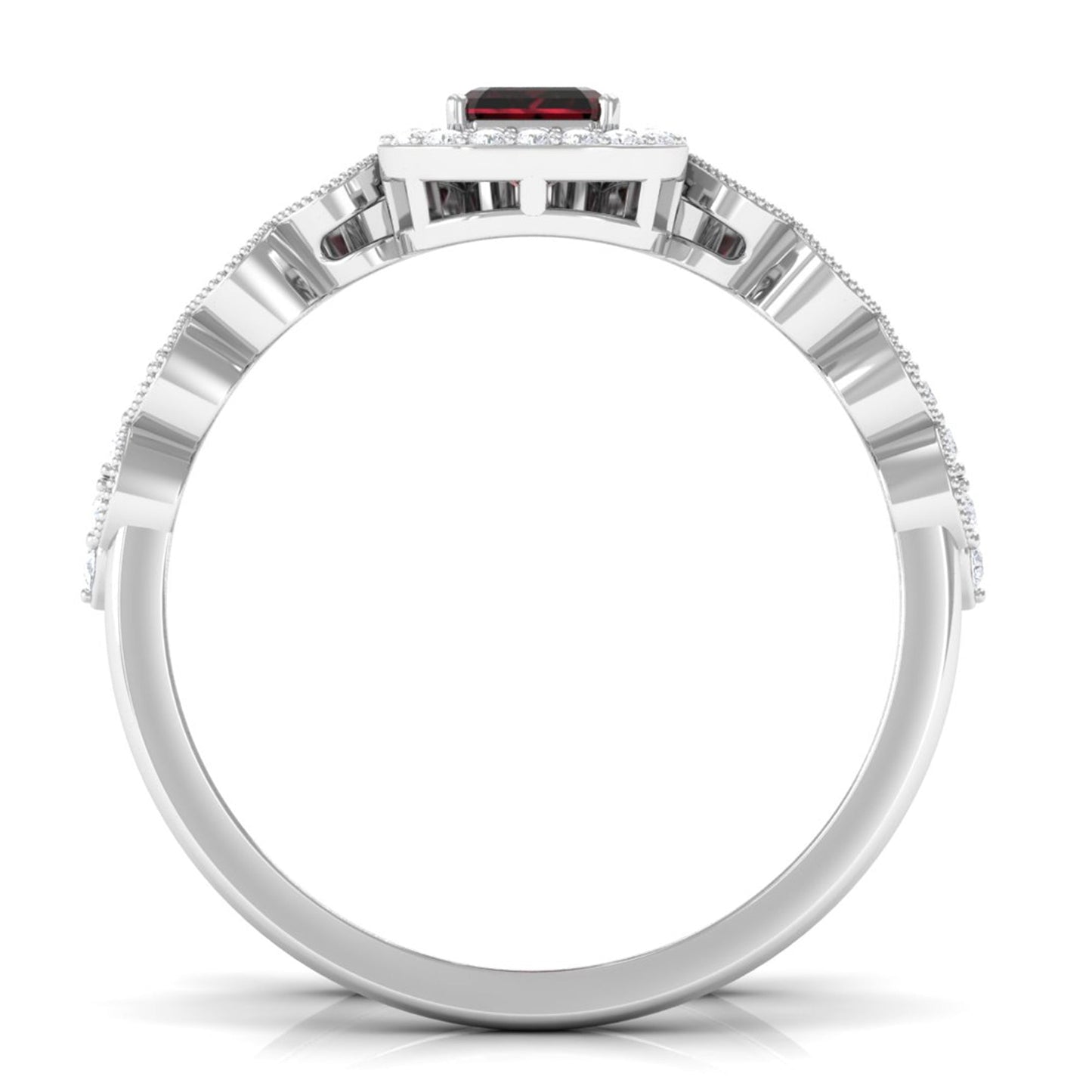 Vintage Looking Garnet Diamond Emerald Cut Wedding Bridal Ring Set