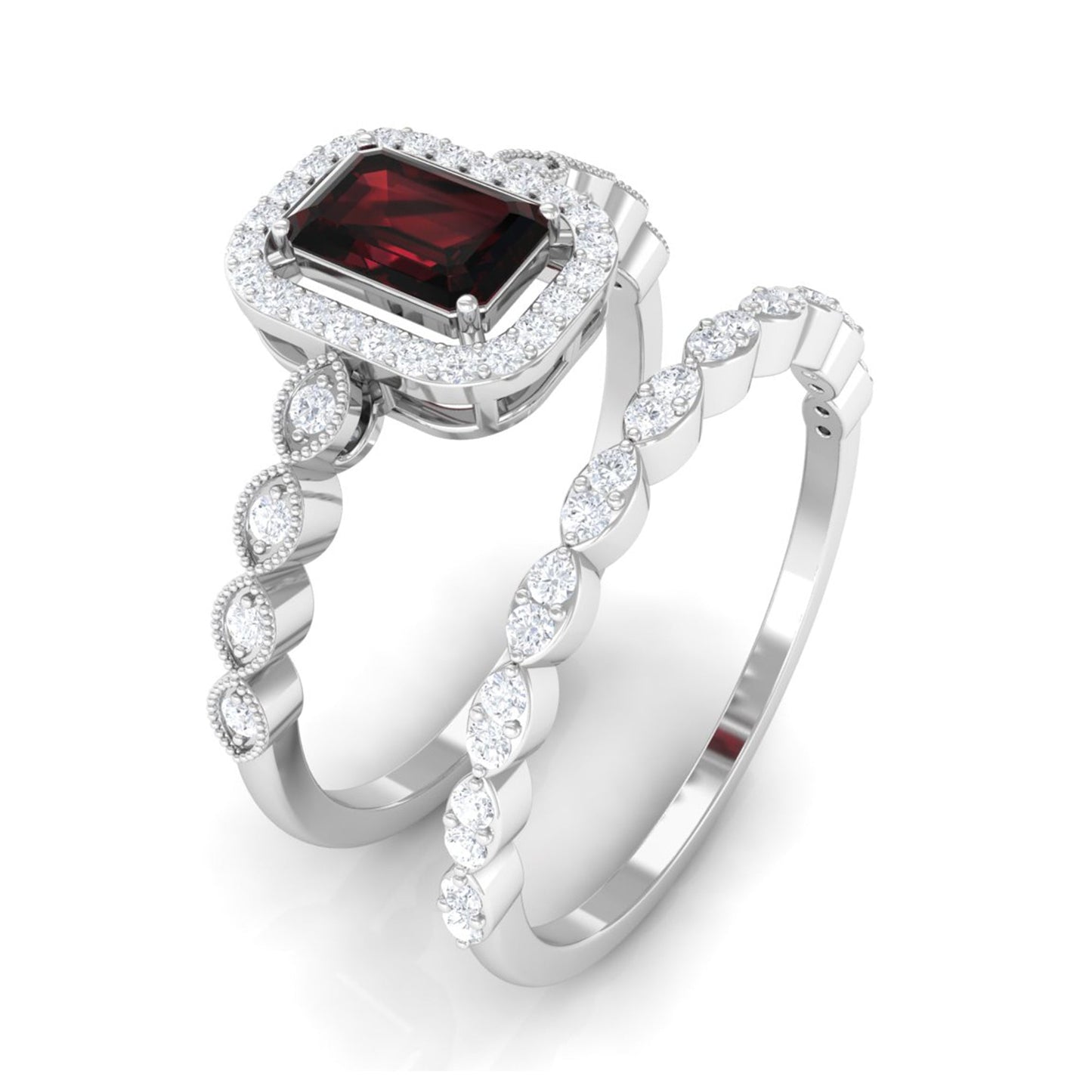 Vintage Looking Garnet Diamond Emerald Cut Wedding Bridal Ring Set