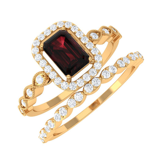 Vintage Looking Garnet Diamond Emerald Cut Wedding Bridal Ring Set