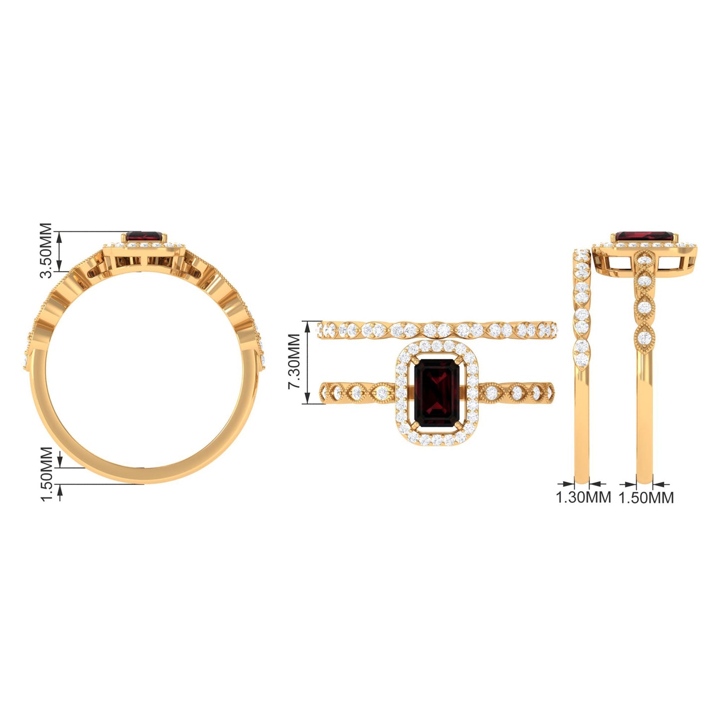 Vintage Looking Garnet Diamond Emerald Cut Wedding Bridal Ring Set