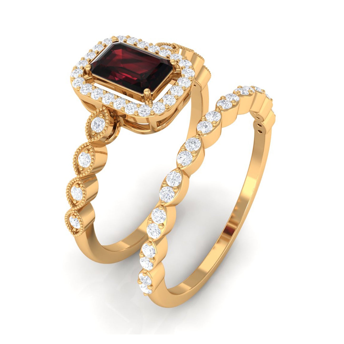 Vintage Looking Garnet Diamond Emerald Cut Wedding Bridal Ring Set