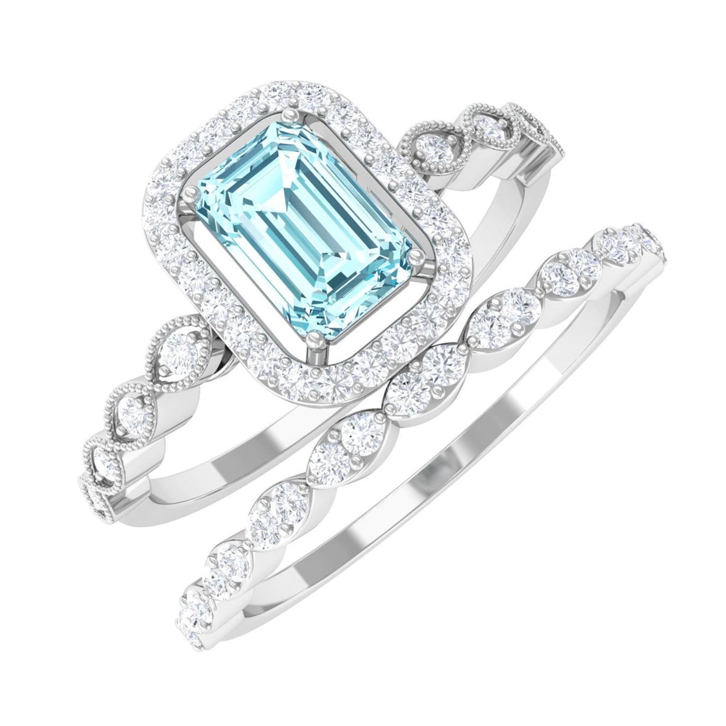 Certified 0.6 Carat Emerald Cut Aquamarine and Diamond Designer Ring Set