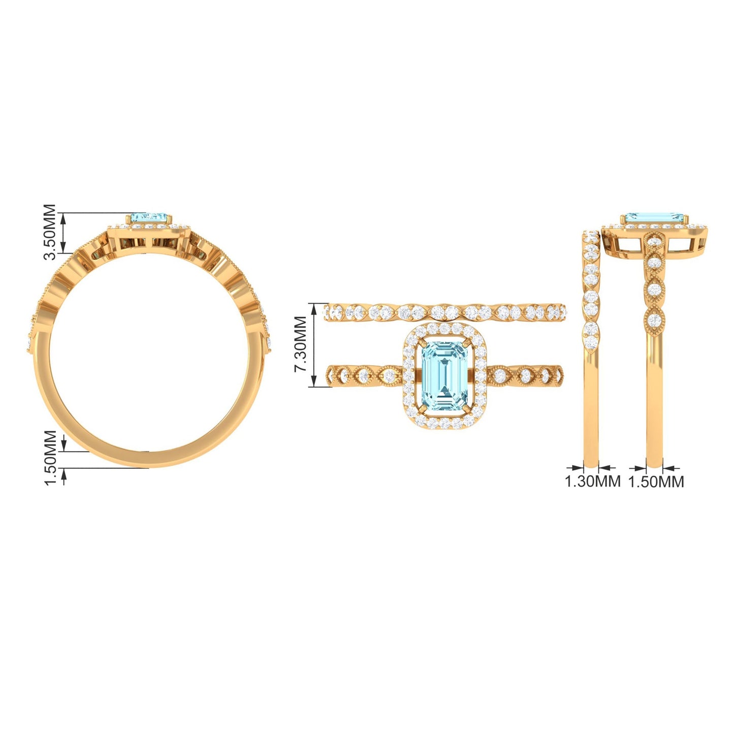 Certified 0.6 Carat Emerald Cut Aquamarine and Diamond Designer Ring Set