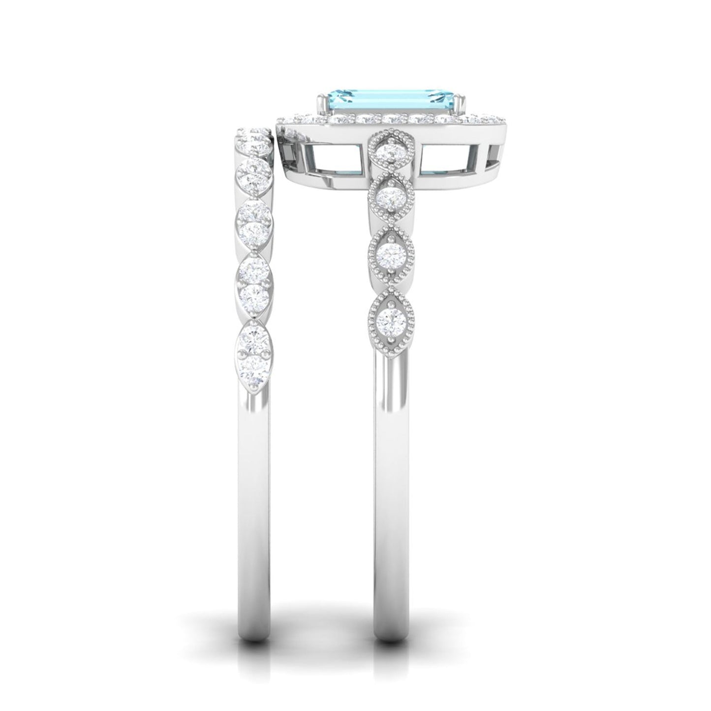 Certified 0.6 Carat Emerald Cut Aquamarine and Diamond Designer Ring Set