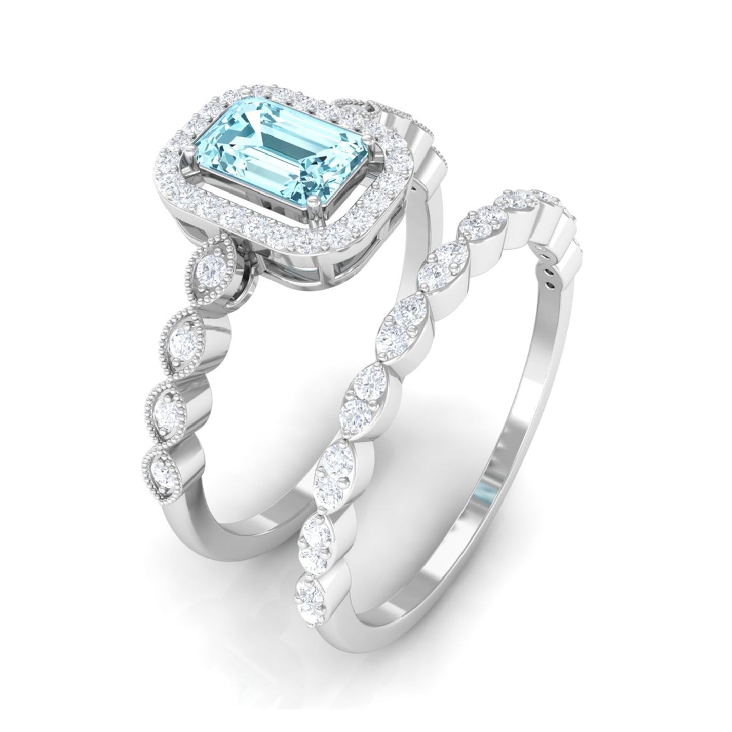 Certified 0.6 Carat Emerald Cut Aquamarine and Diamond Designer Ring Set