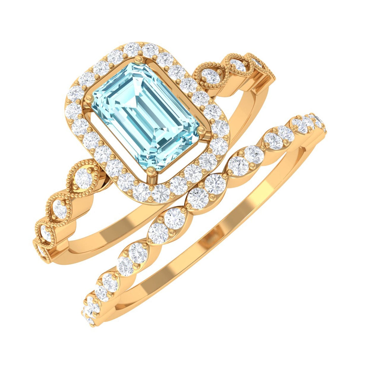 Certified 0.6 Carat Emerald Cut Aquamarine and Diamond Designer Ring Set