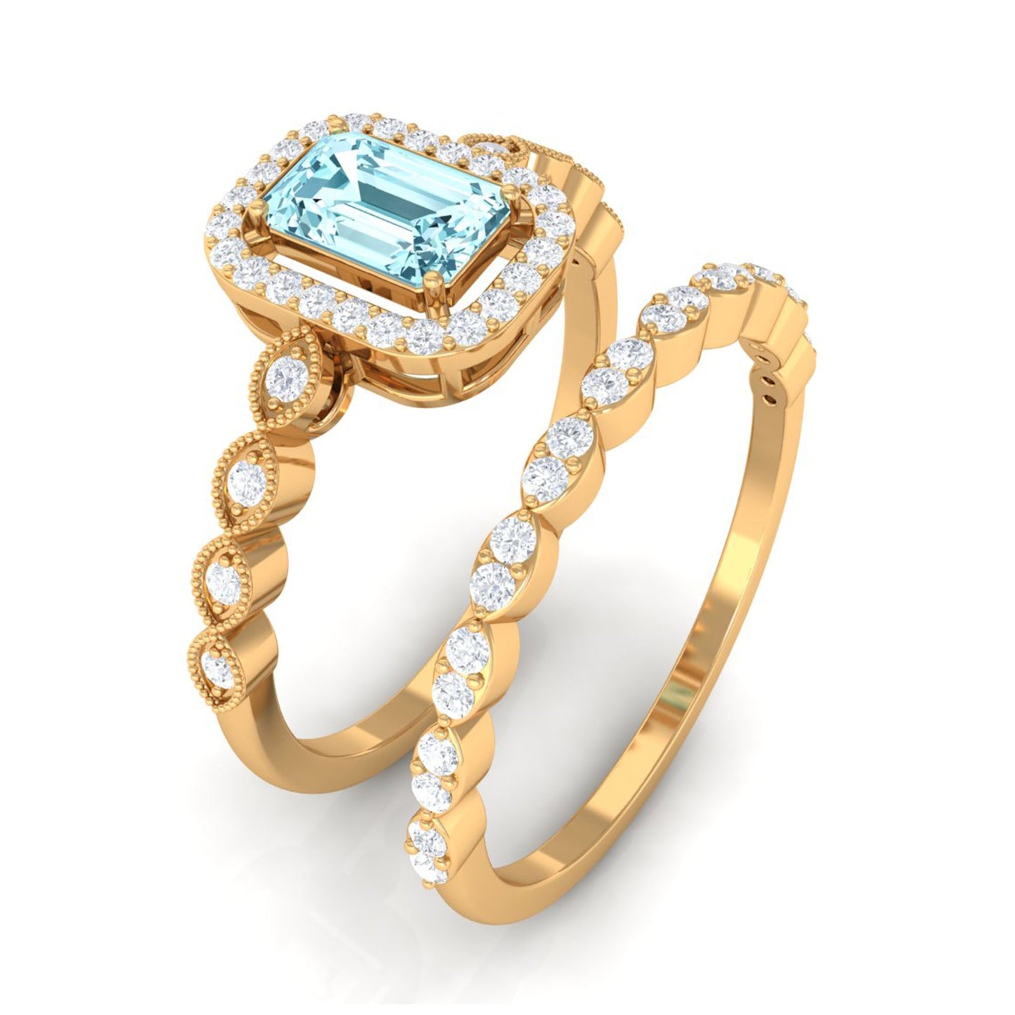 Certified 0.6 Carat Emerald Cut Aquamarine and Diamond Designer Ring Set