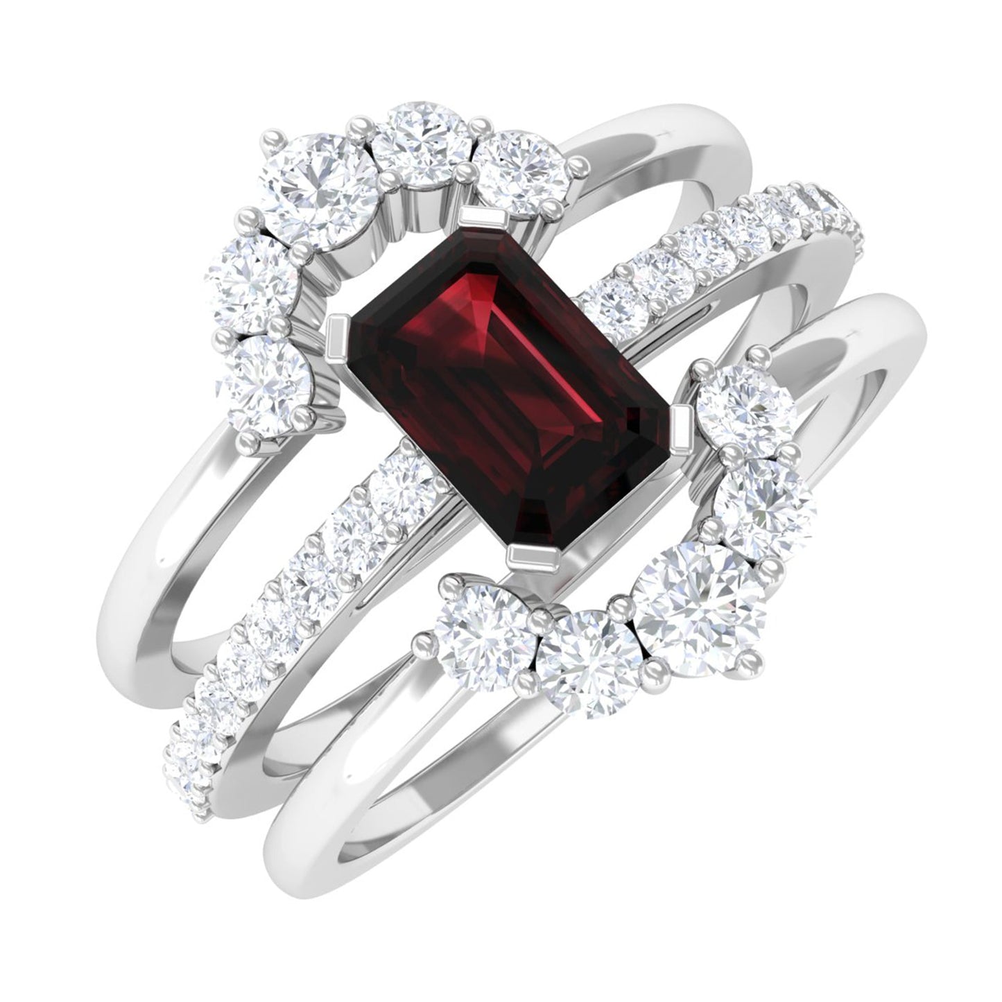 Natural Emerald Cut Garnet Diamond Trio Wedding Ring Set