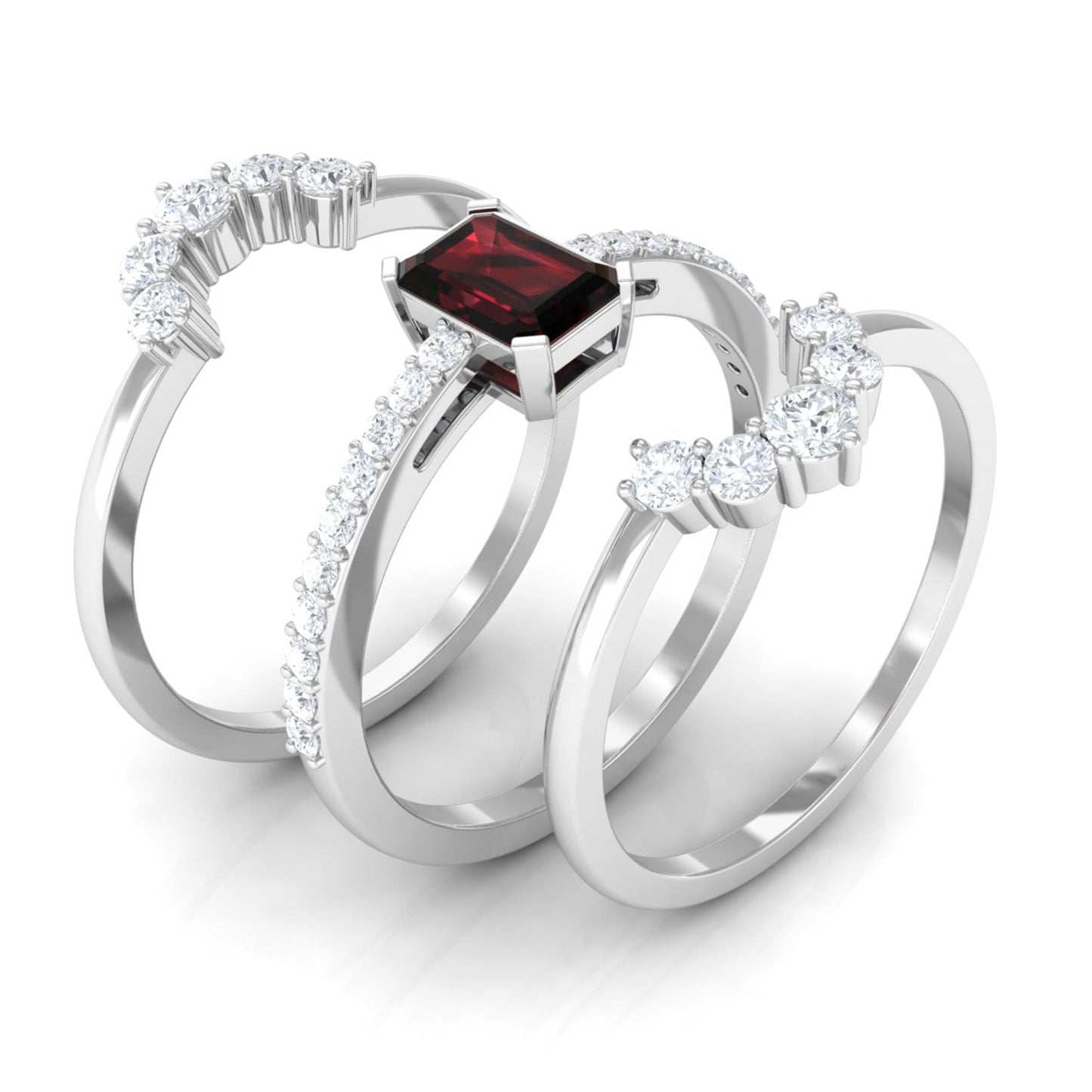 Natural Emerald Cut Garnet Diamond Trio Wedding Ring Set