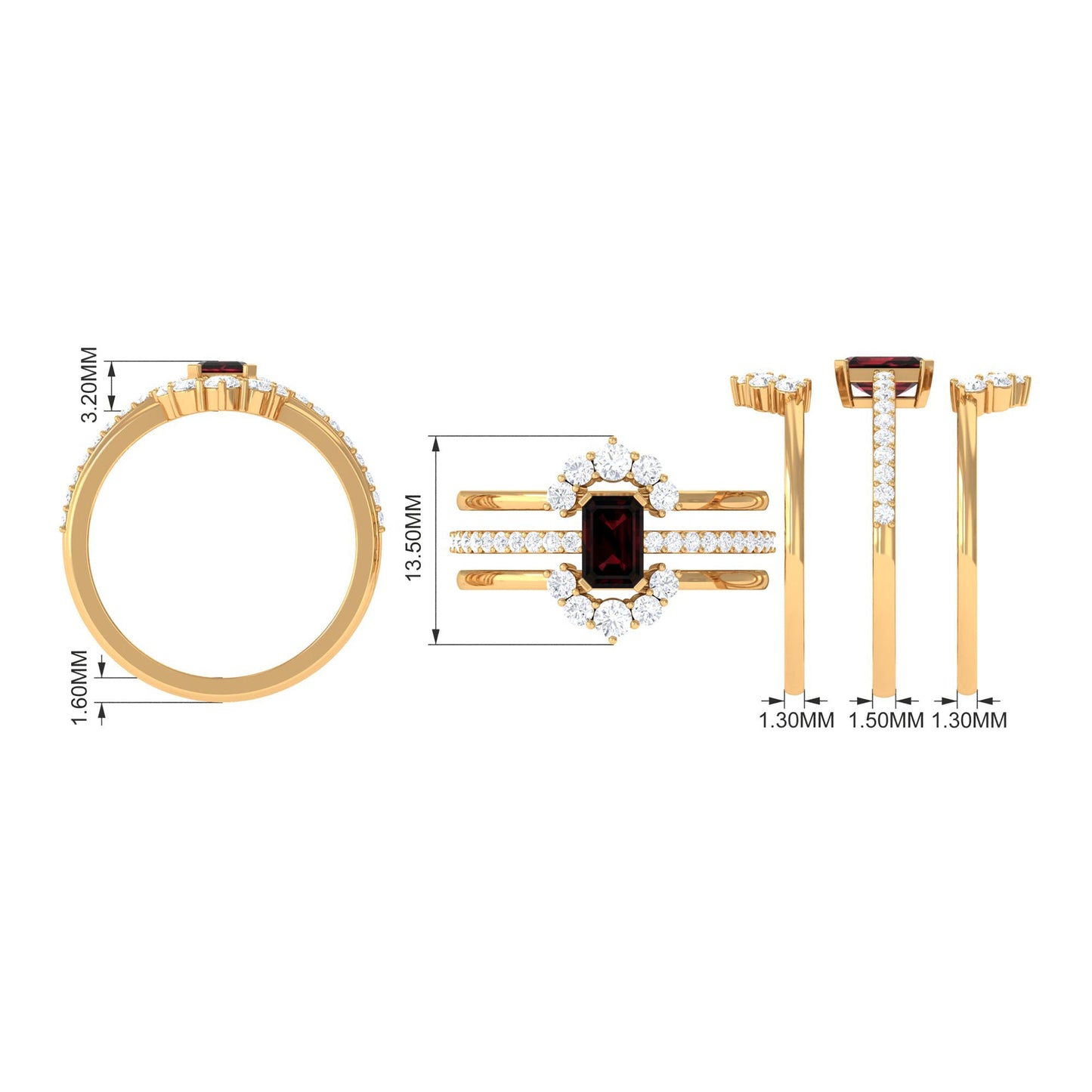 Natural Emerald Cut Garnet Diamond Trio Wedding Ring Set