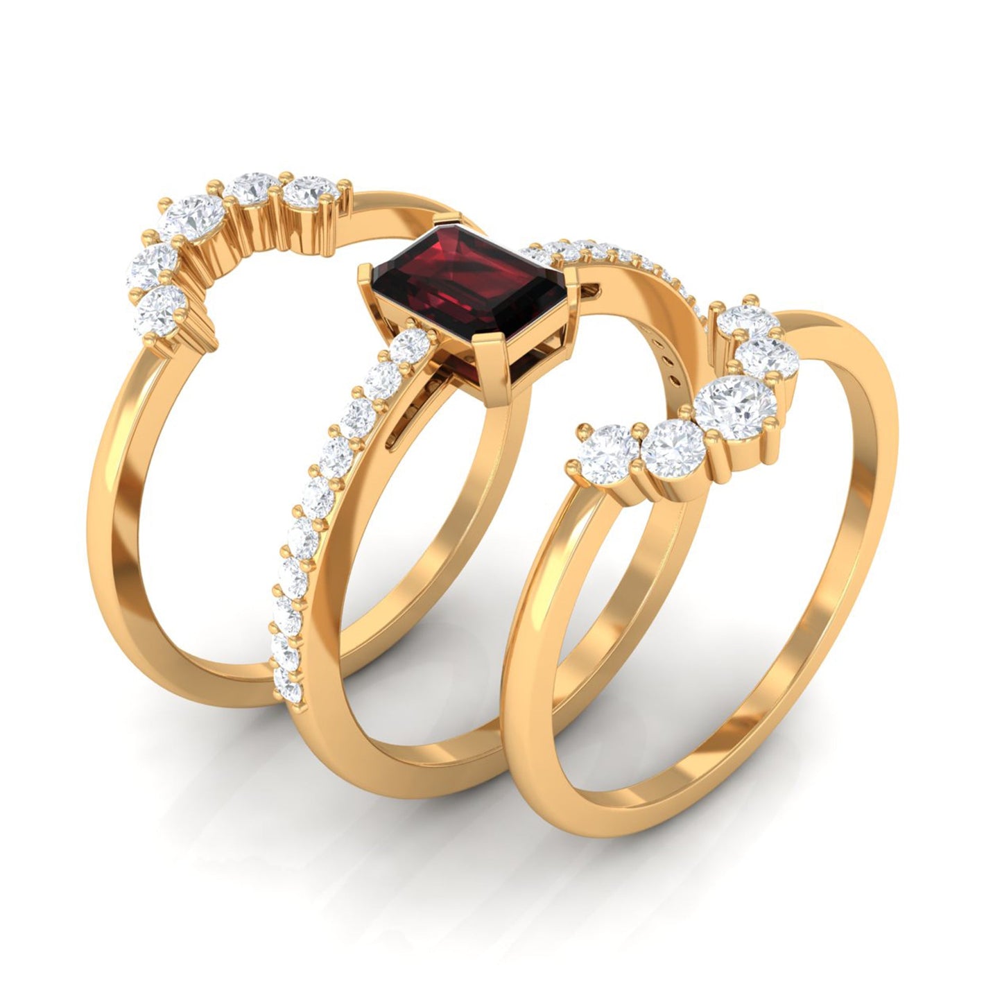 Natural Emerald Cut Garnet Diamond Trio Wedding Ring Set