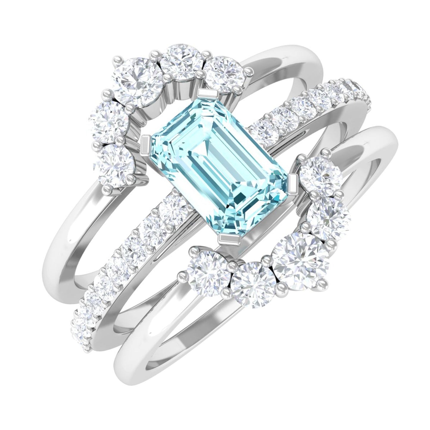 Certified Emerald Cut Real Aquamarine Trio Wedding Ring Set with Diamond