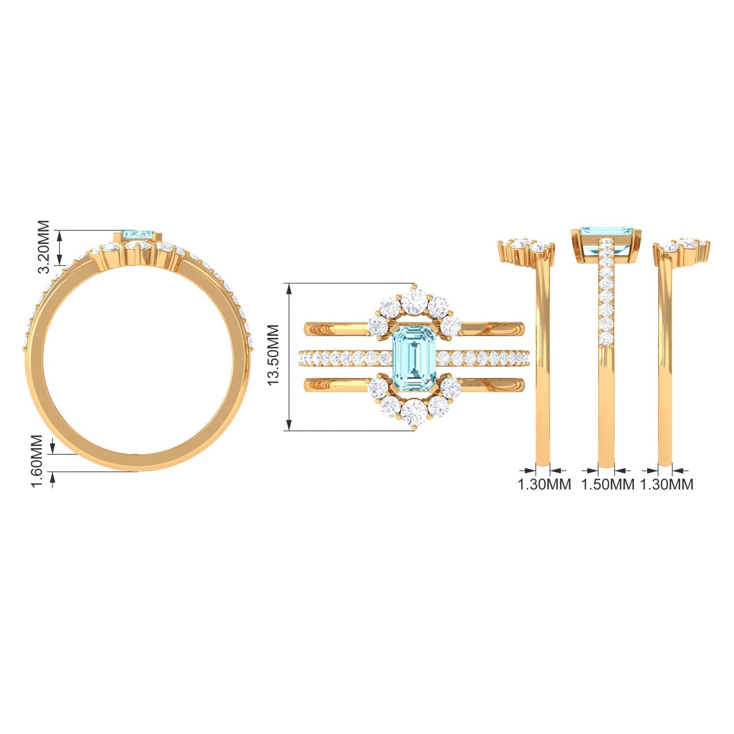 Certified Emerald Cut Real Aquamarine Trio Wedding Ring Set with Diamond
