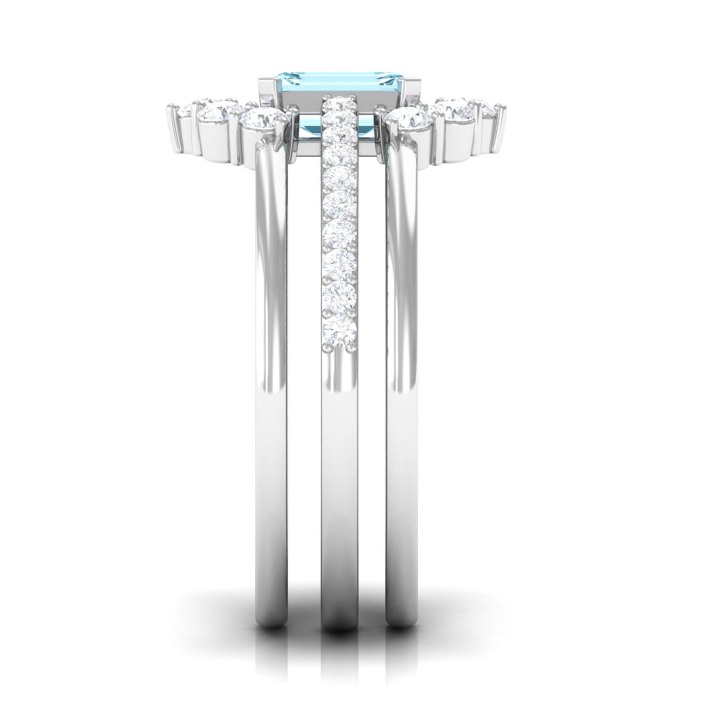 Certified Emerald Cut Real Aquamarine Trio Wedding Ring Set with Diamond