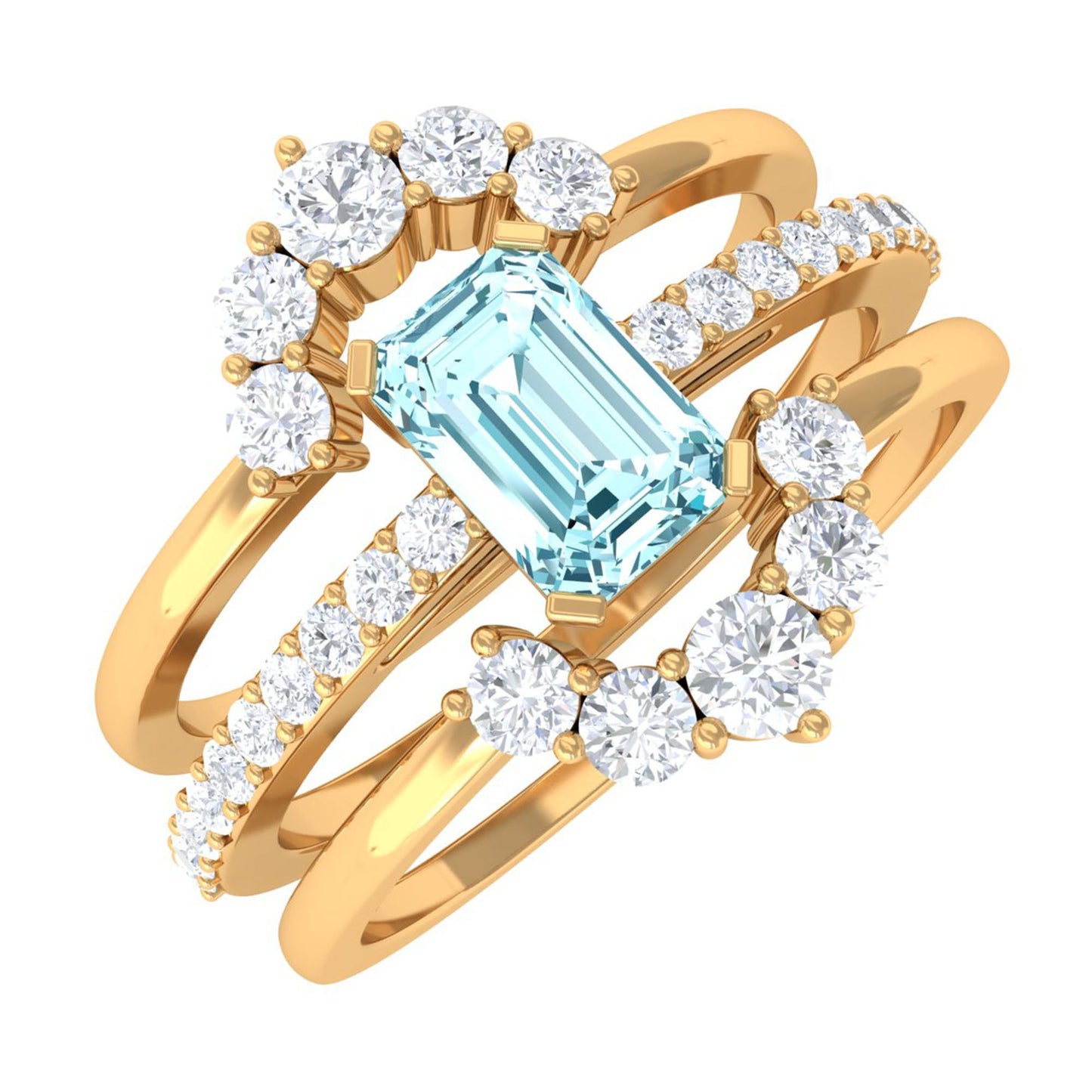 Certified Emerald Cut Real Aquamarine Trio Wedding Ring Set with Diamond