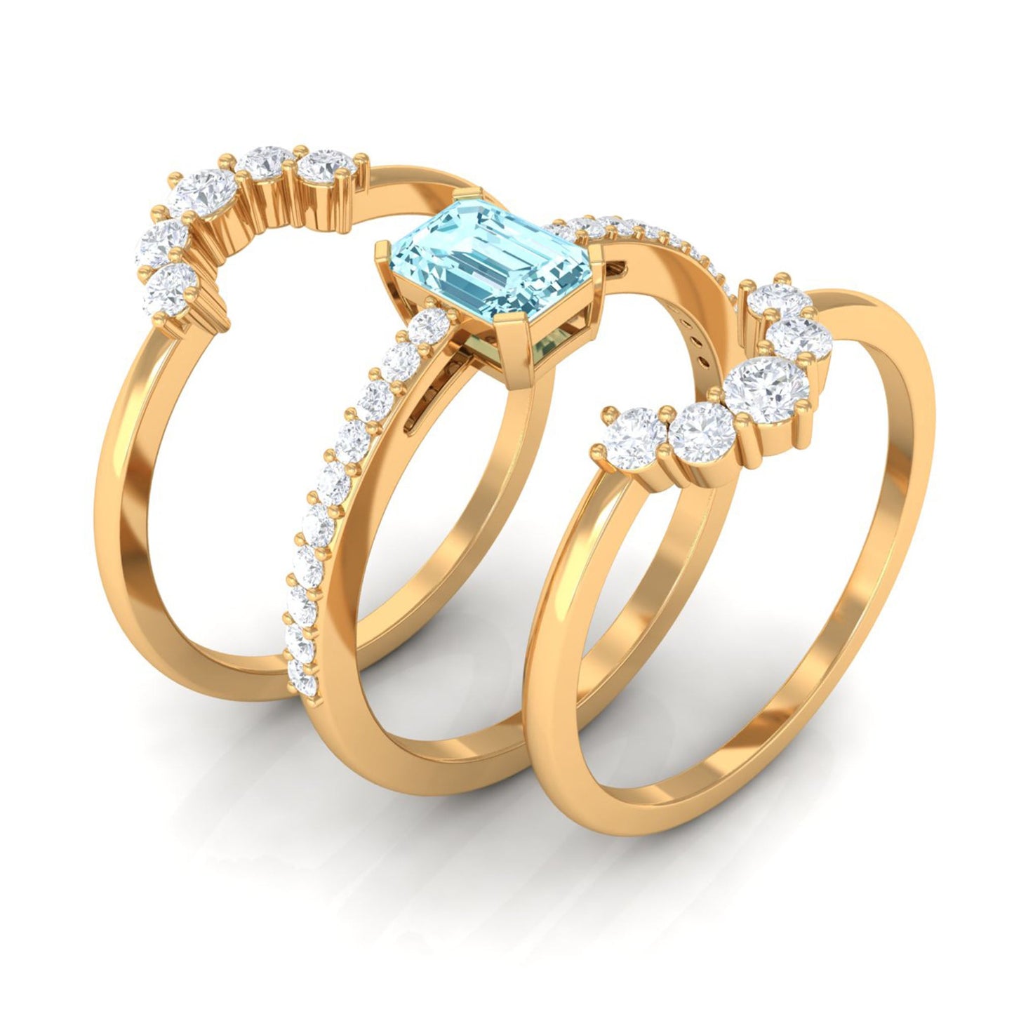 Certified Emerald Cut Real Aquamarine Trio Wedding Ring Set with Diamond