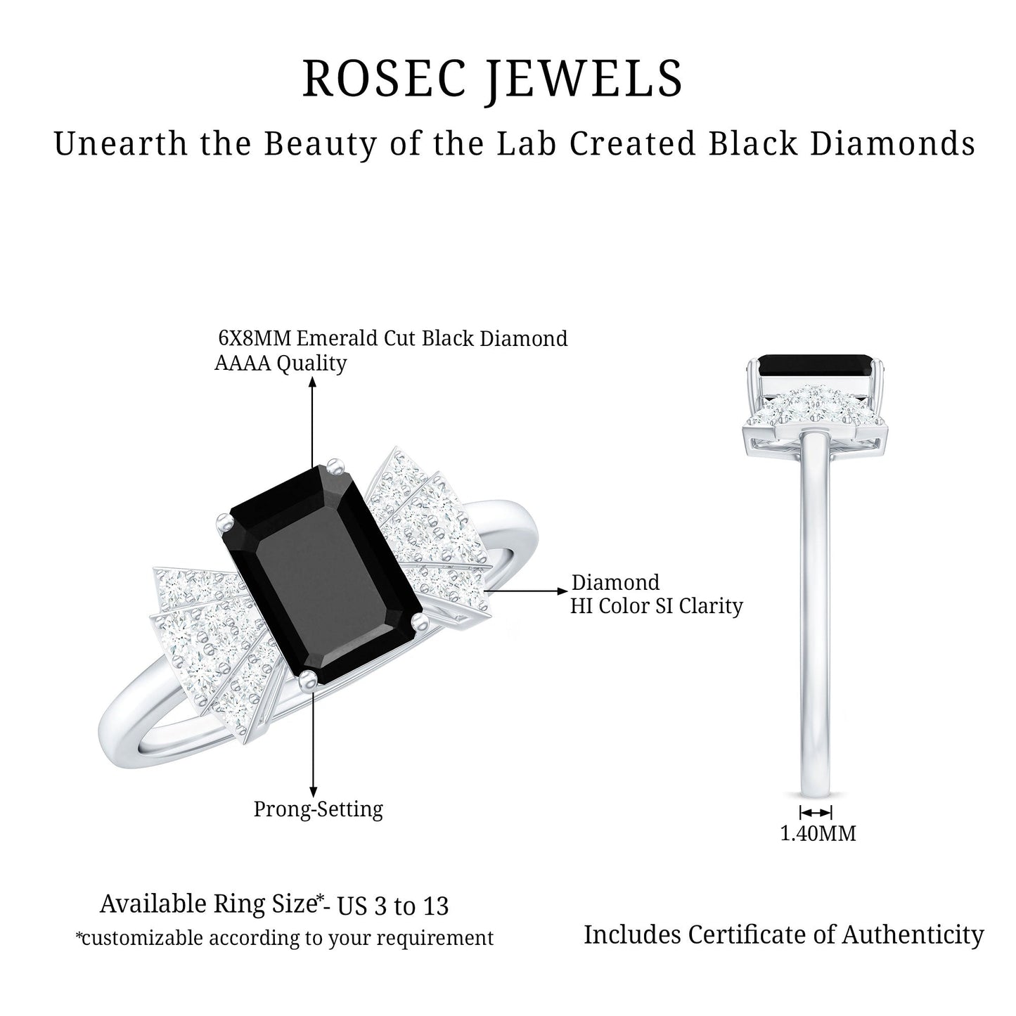 1.6 Carat Lab Grown Black Diamond Emerald Cut Engagement Ring with White Diamond Bow