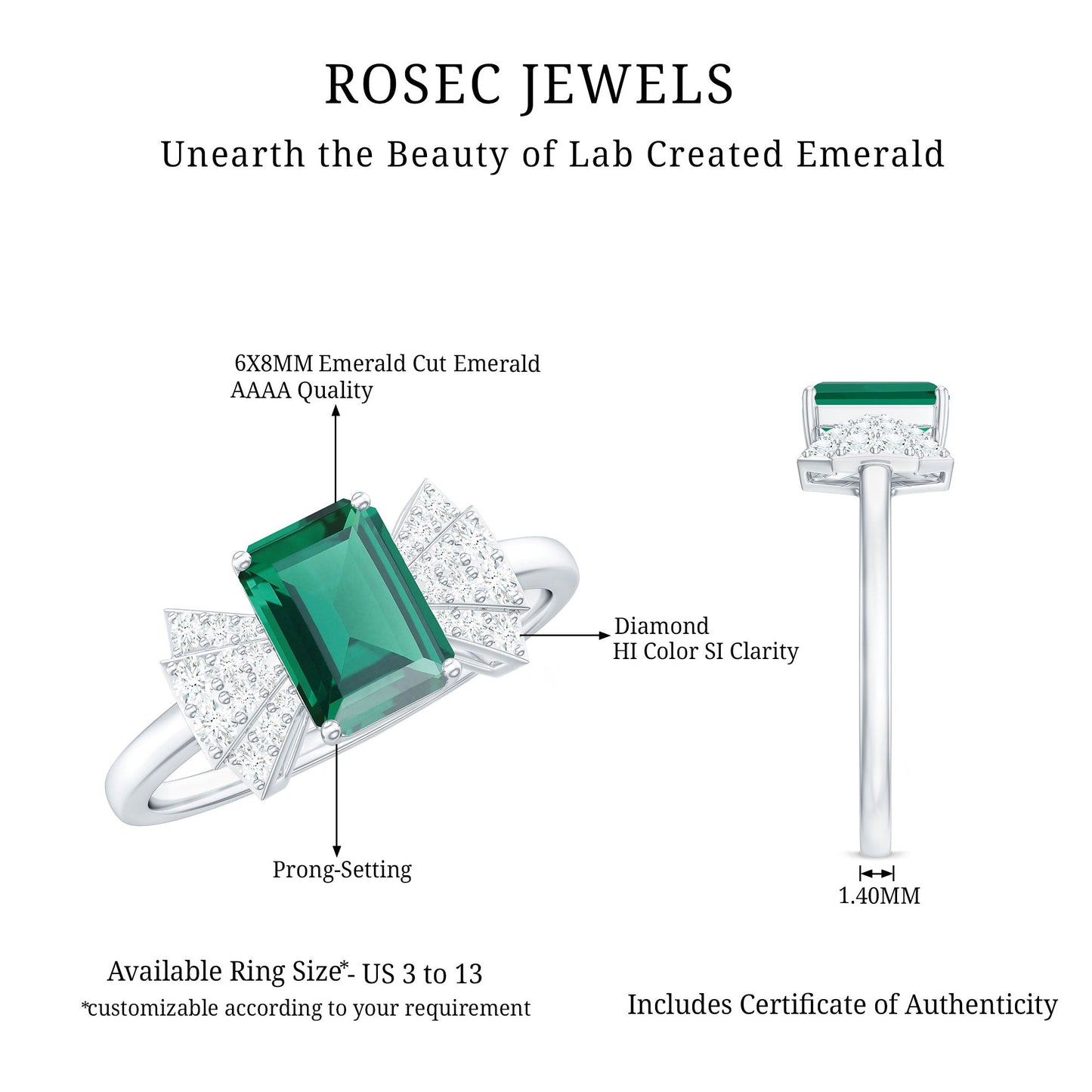 Designer Lab Grown Emerald Cut Emerald Engagement Ring with Bow Diamond