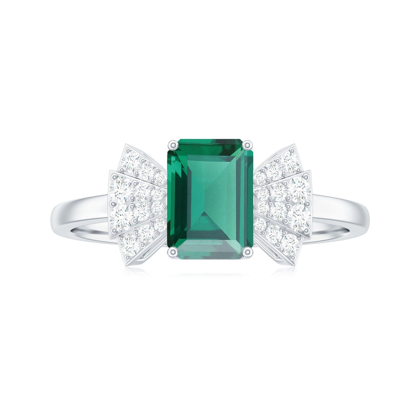 Designer Lab Grown Emerald Cut Emerald Engagement Ring with Bow Diamond