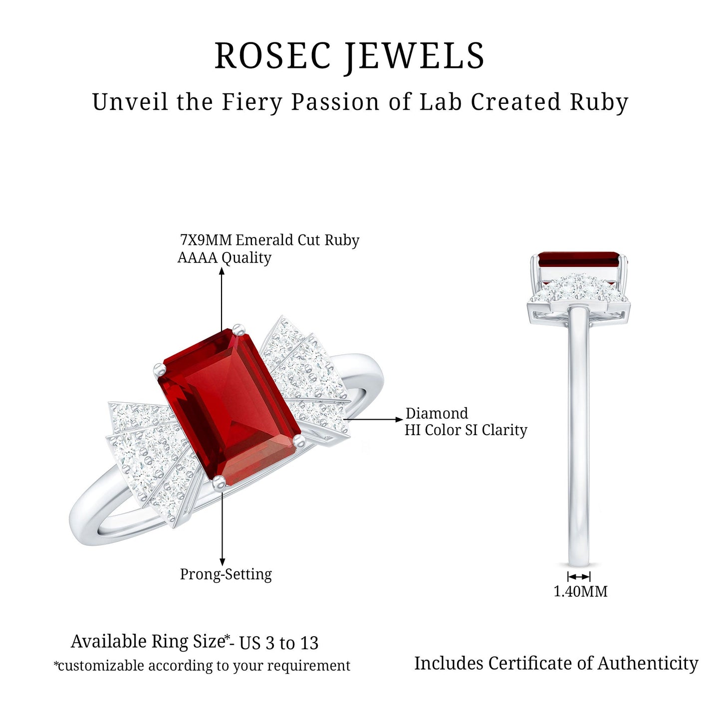 Certified 2.2 Carat Lab Grown Ruby Emerald Cut Engagement Ring with Diamond