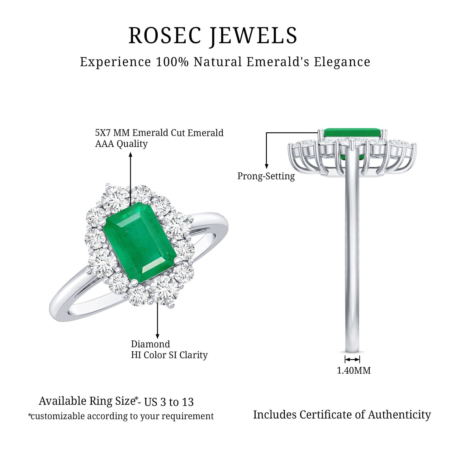 Certified Real Emerald Cut Emerald Engagement Ring with Diamond Halo