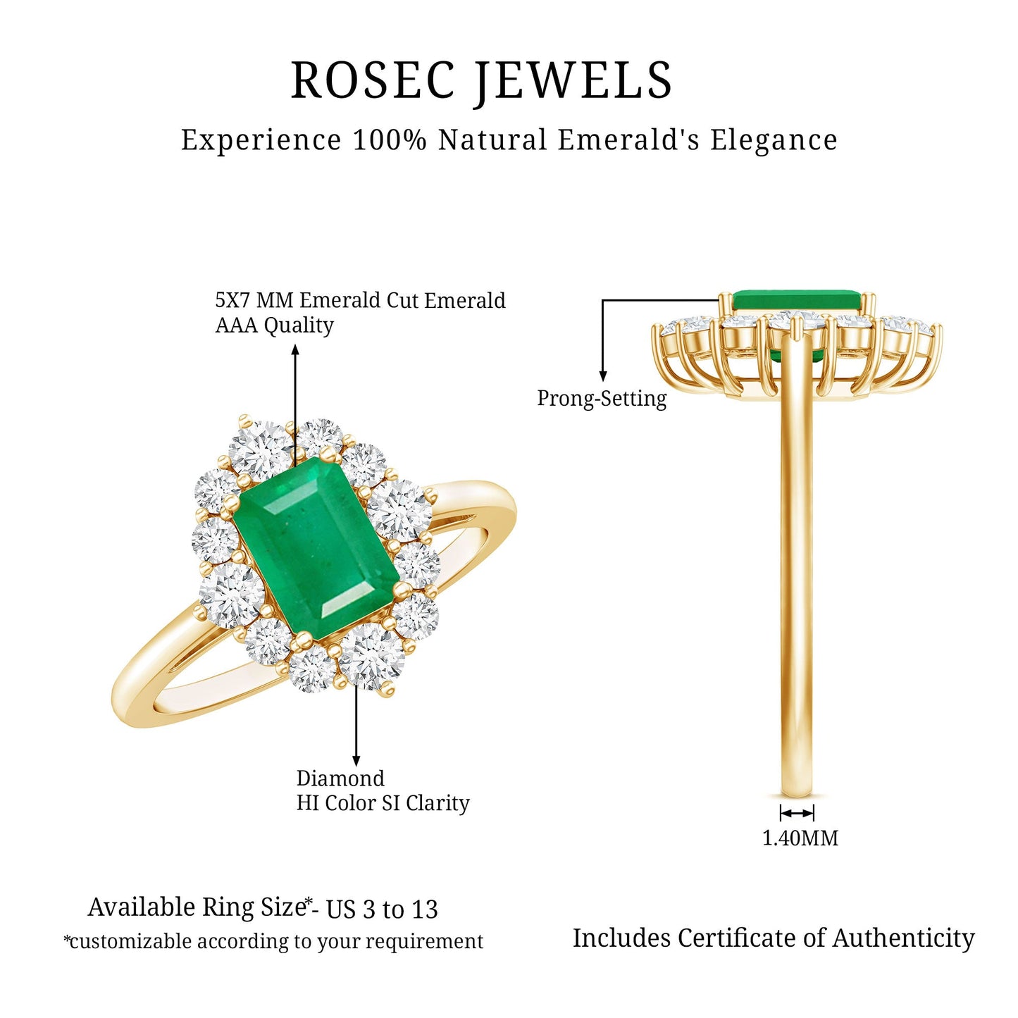 Certified Real Emerald Cut Emerald Engagement Ring with Diamond Halo