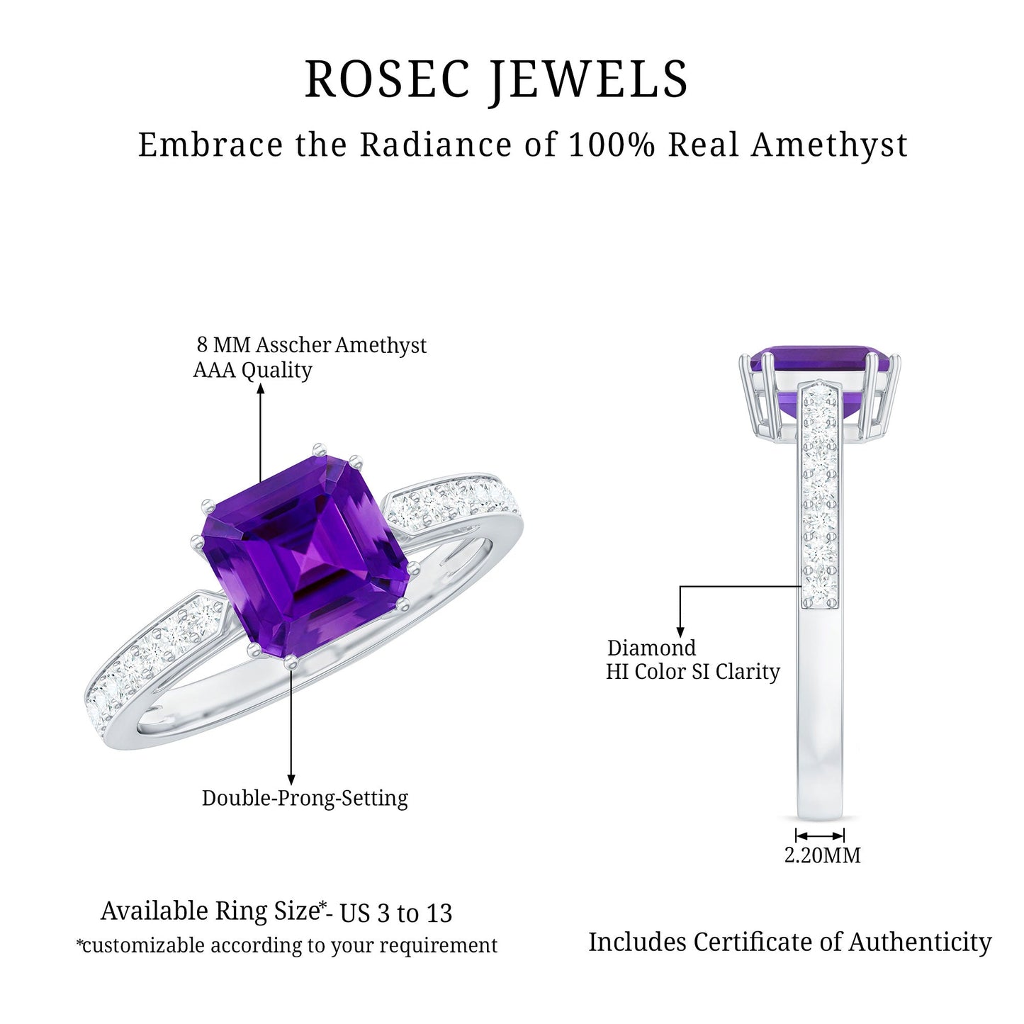 Real 3 Carat Amethyst Asscher Cut Engagement Ring with Diamond