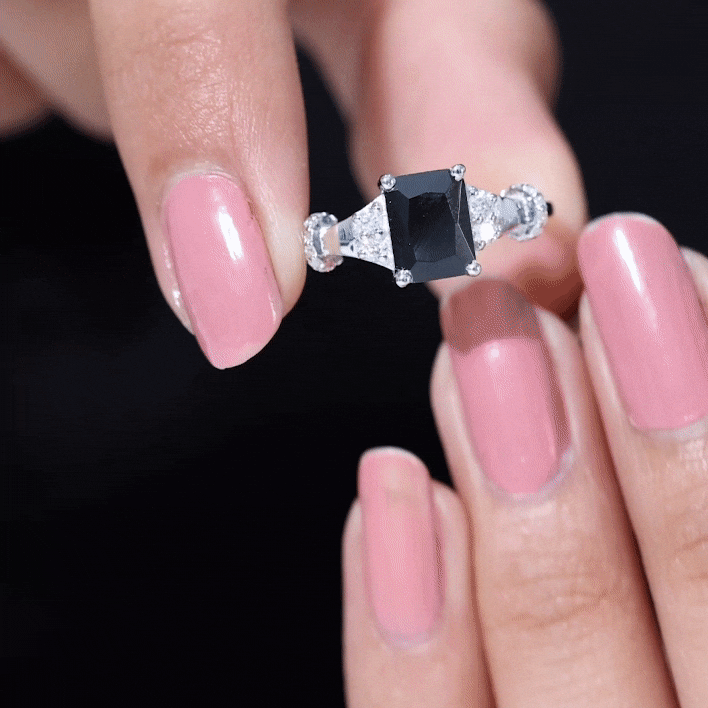 Emerald Cut Black Onyx Engagement Ring with Diamond