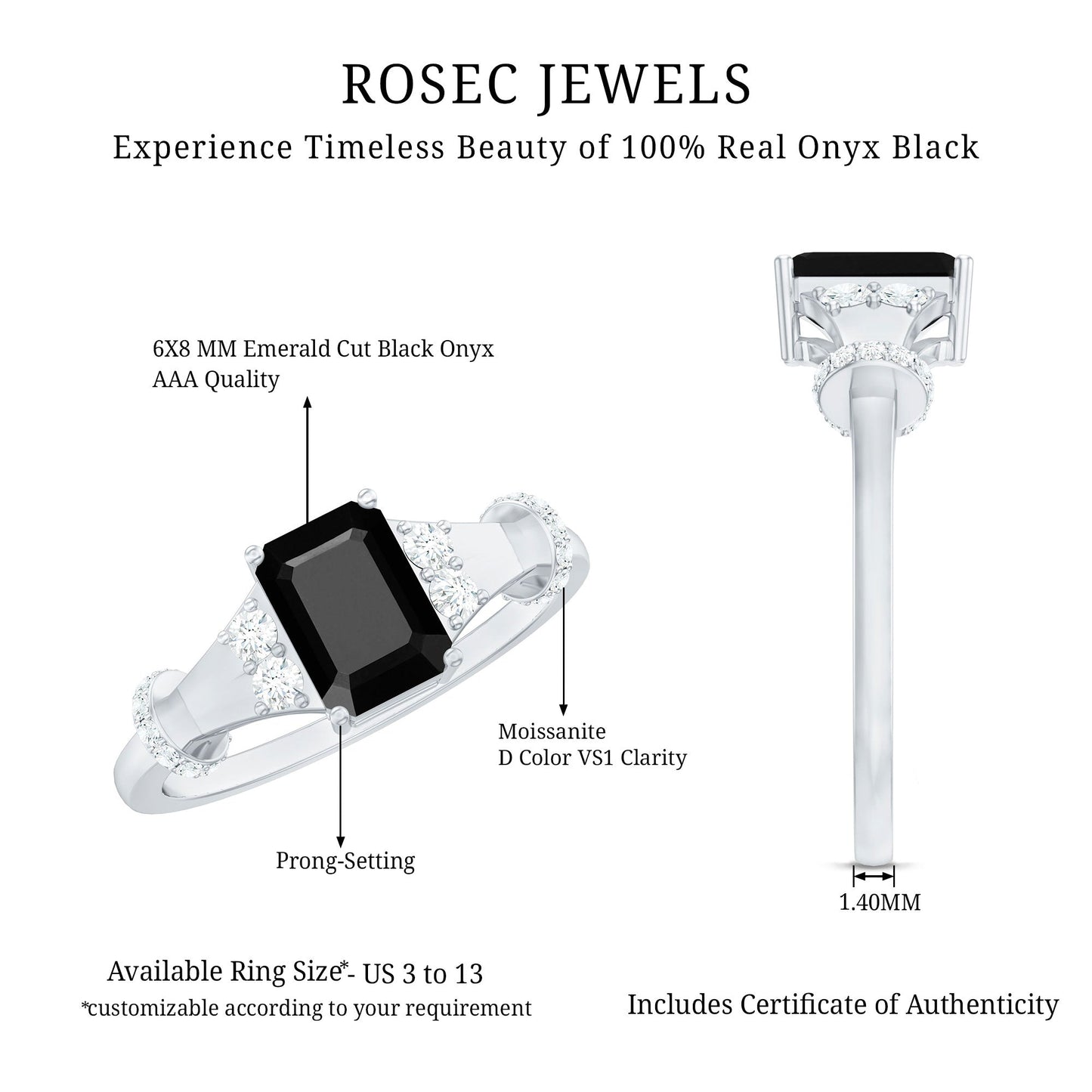 Emerald Cut Black Onyx Engagement Ring with Diamond