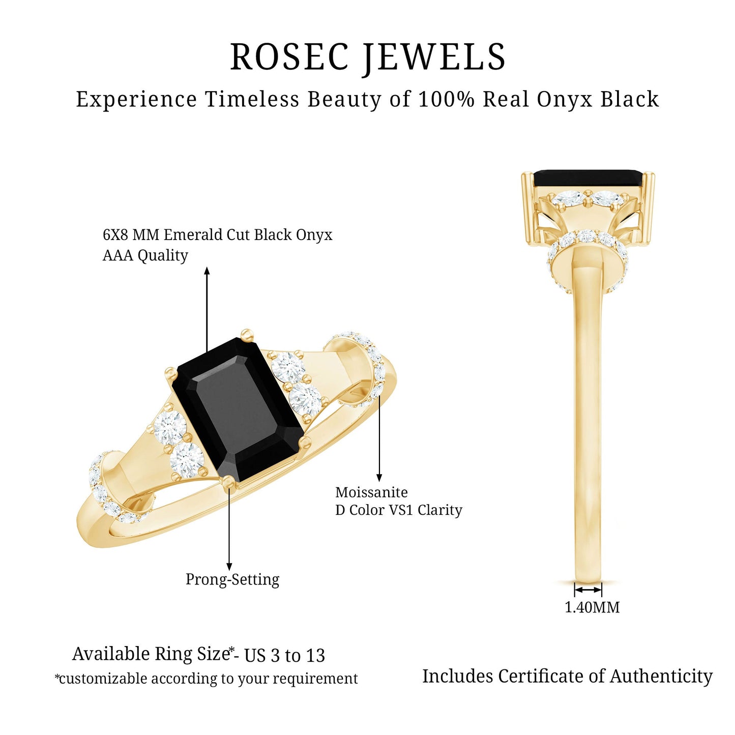 Emerald Cut Black Onyx Engagement Ring with Diamond