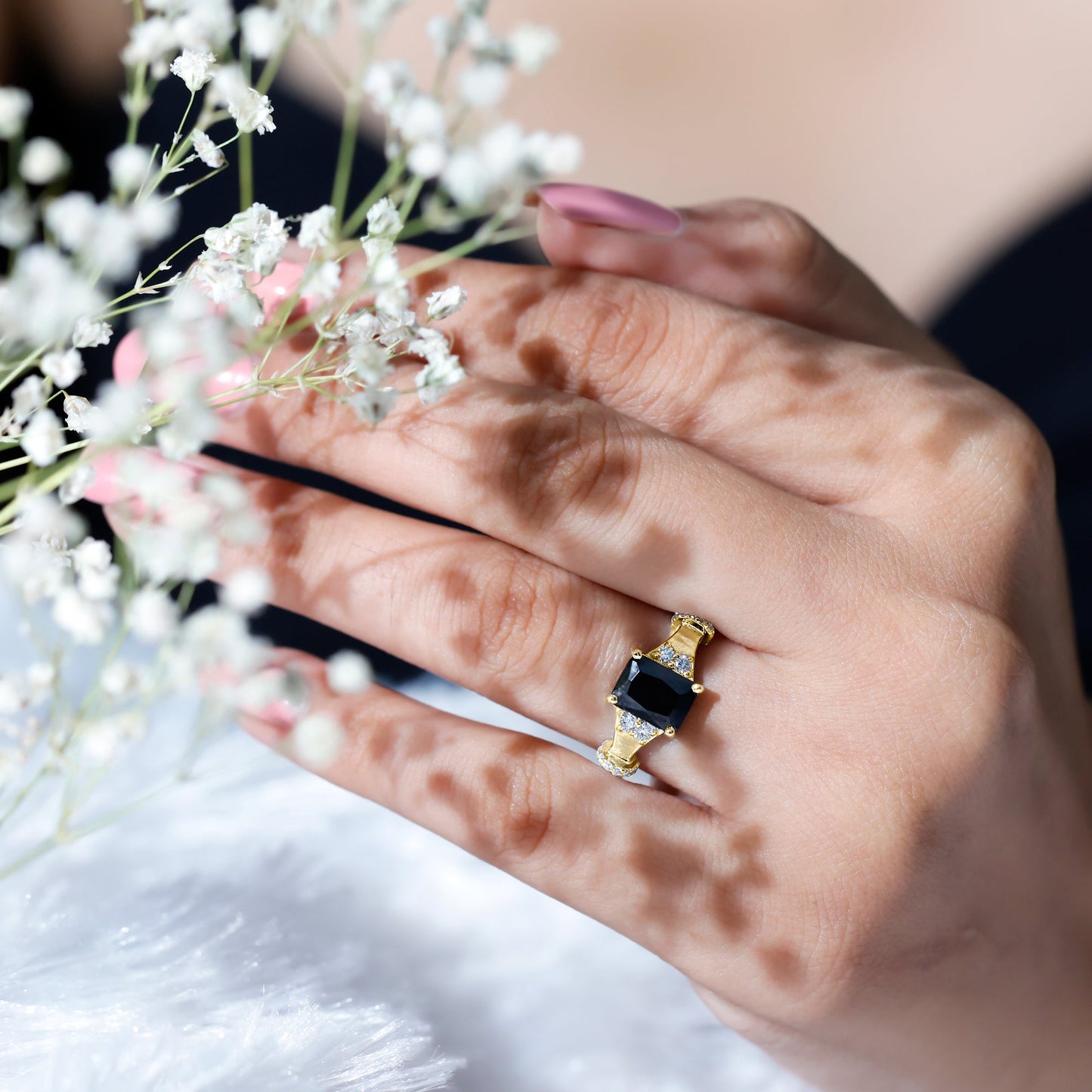 Emerald Cut Black Onyx Engagement Ring with Diamond