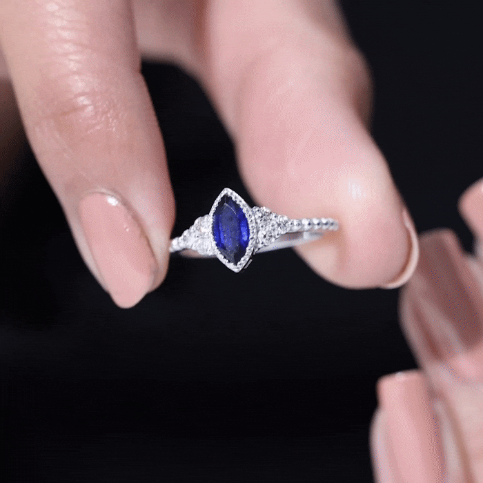 Vintage Style 0.7 Carat Lab Grown Blue Sapphire Marquise Engagement Ring with Diamond Trio