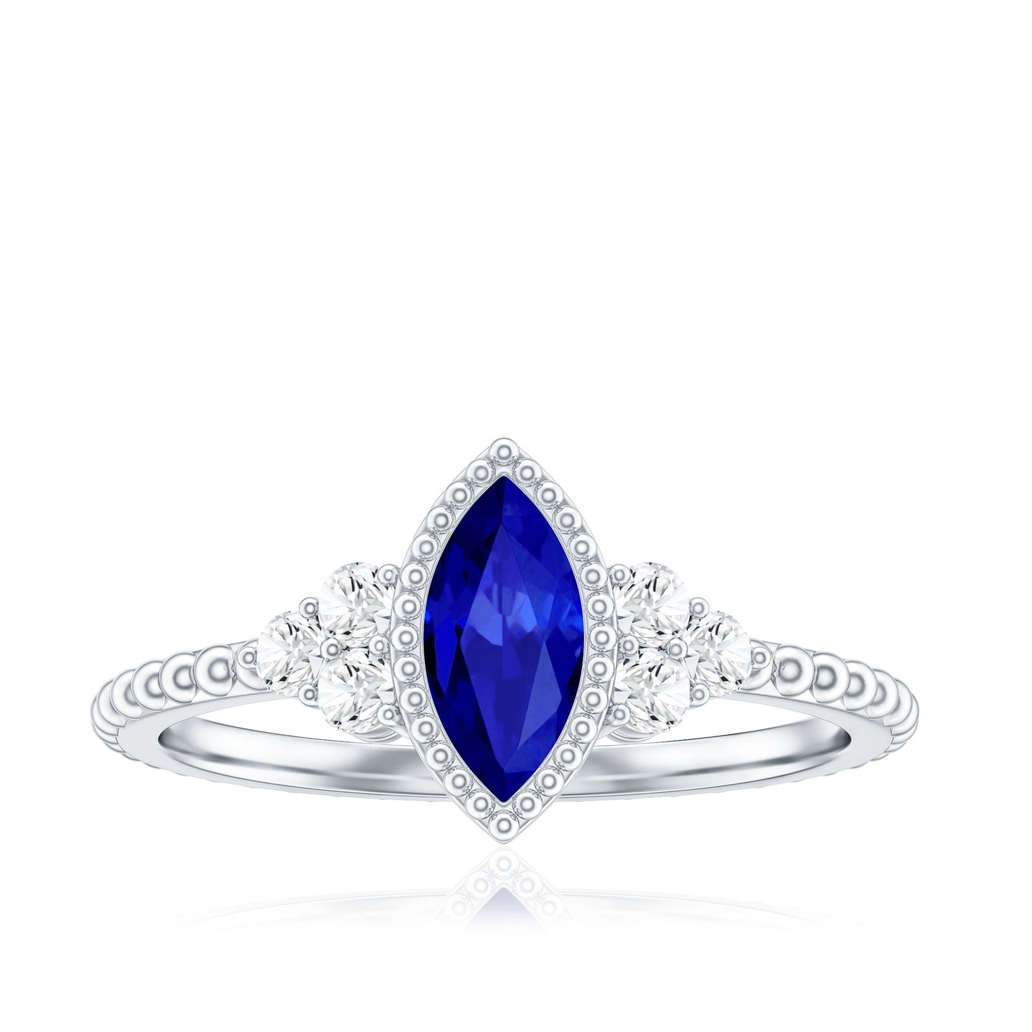 Vintage Style 0.7 Carat Lab Grown Blue Sapphire Marquise Engagement Ring with Diamond Trio