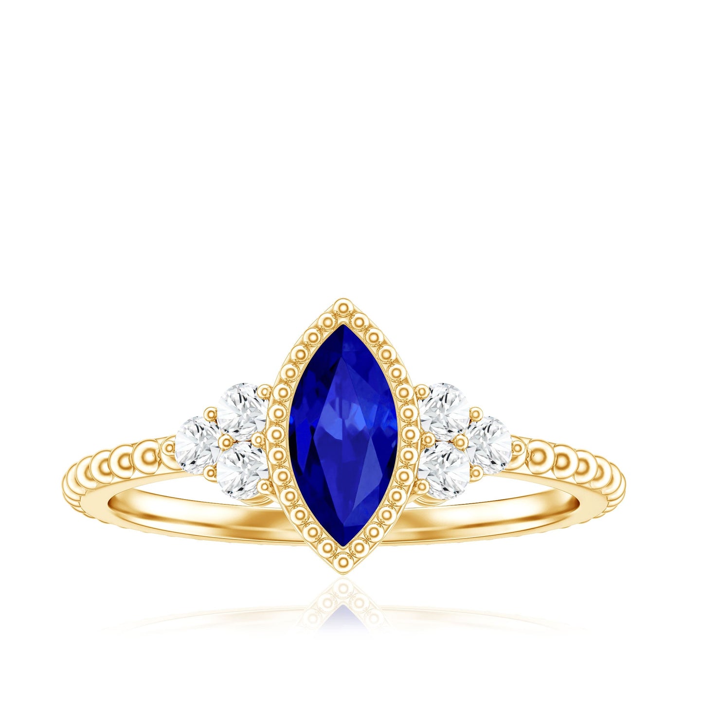 Vintage Style 0.7 Carat Lab Grown Blue Sapphire Marquise Engagement Ring with Diamond Trio