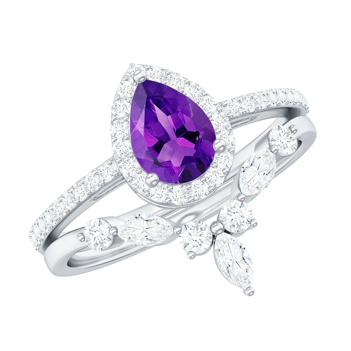 Natural Pear Shape Amethyst Wedding Bridal Ring Set with Certificate