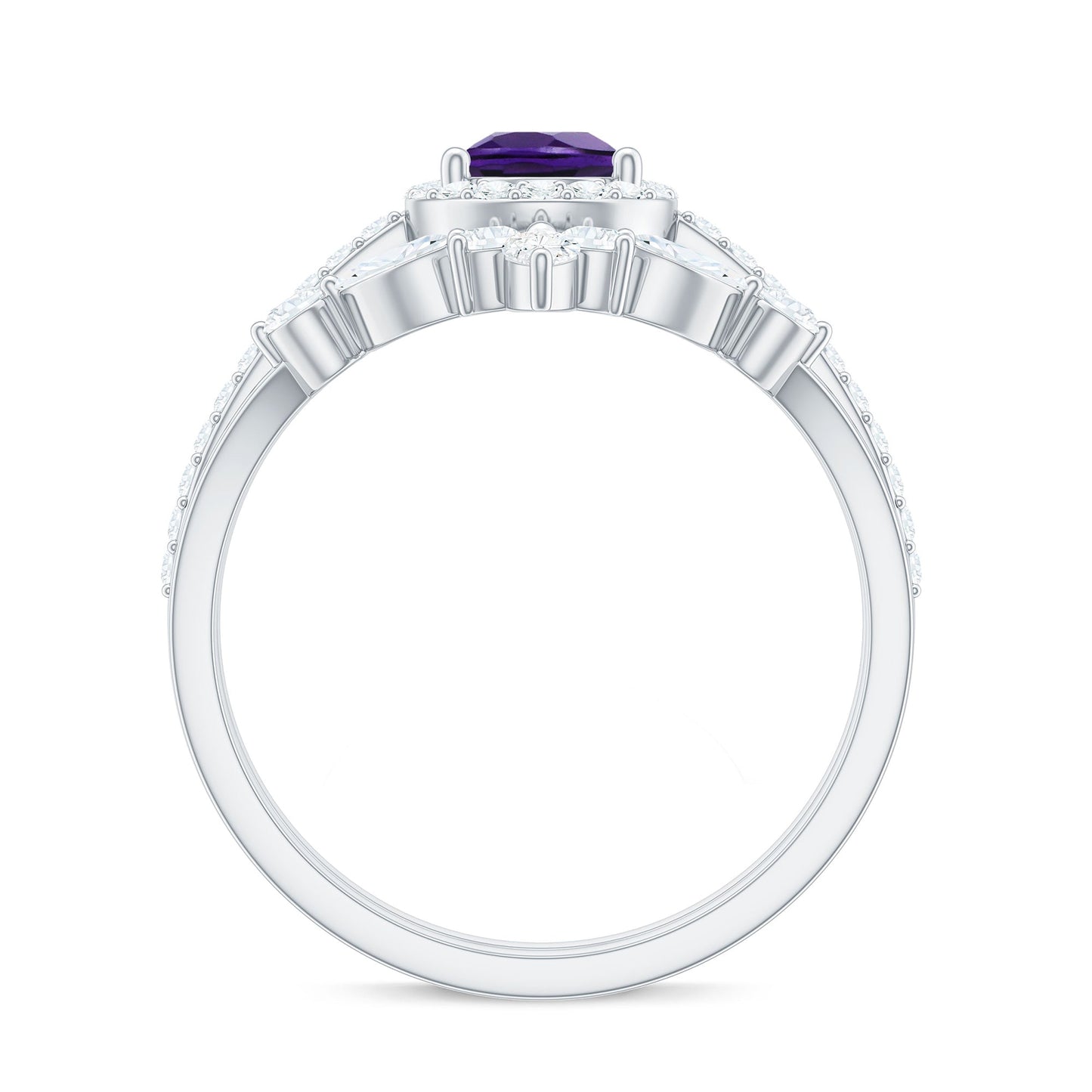 Natural Pear Shape Amethyst Wedding Bridal Ring Set with Certificate