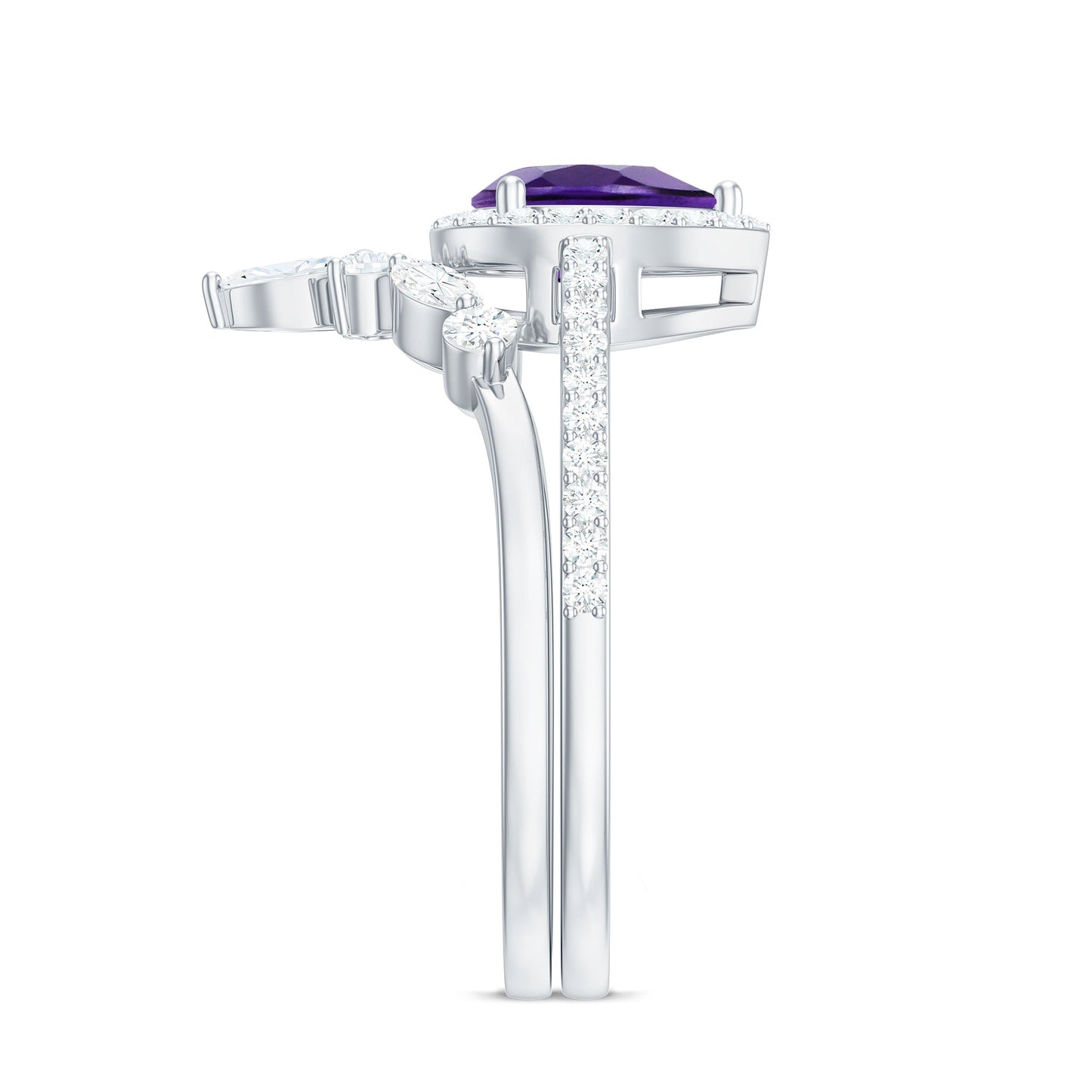 Natural Pear Shape Amethyst Wedding Bridal Ring Set with Certificate