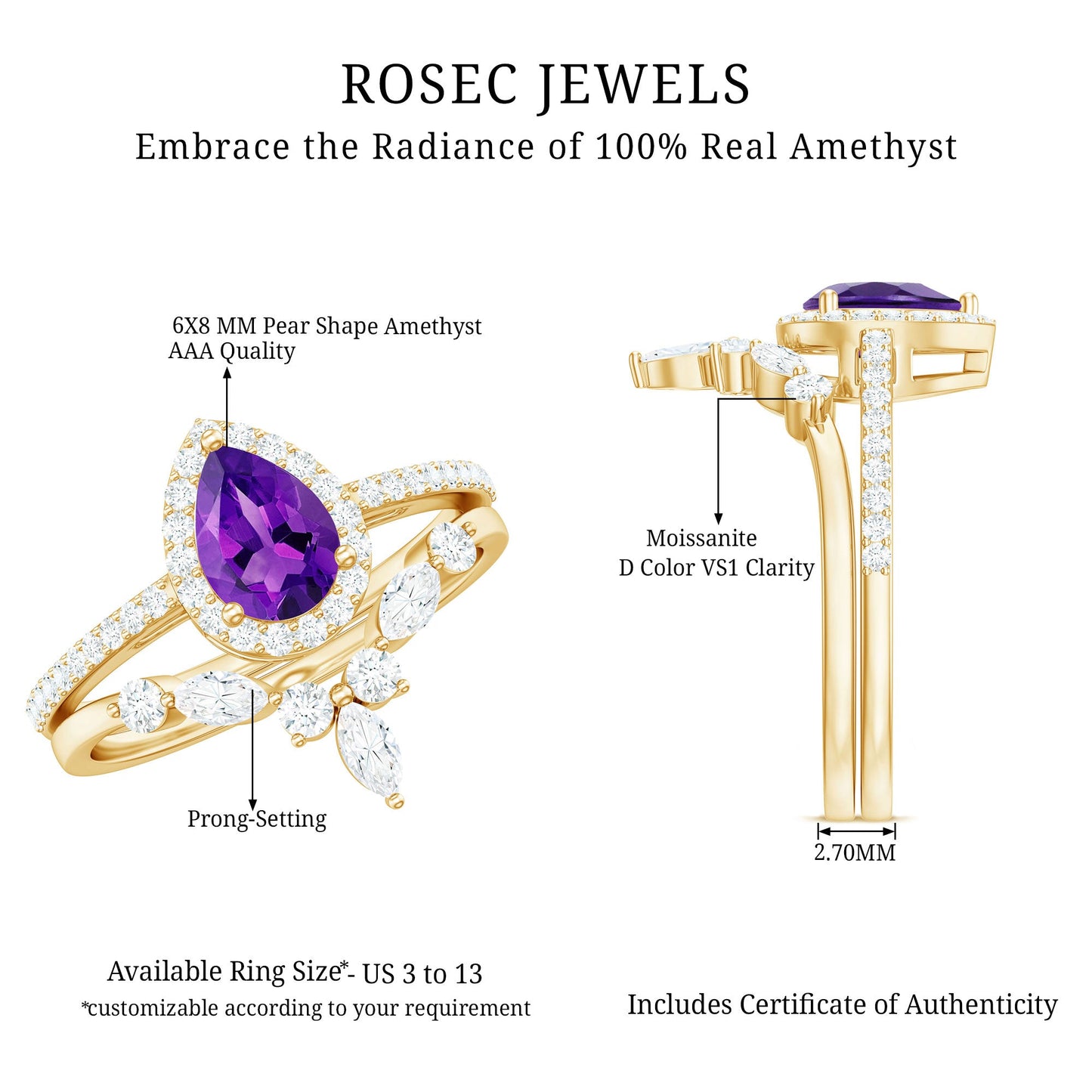 Natural Pear Shape Amethyst Wedding Bridal Ring Set with Certificate