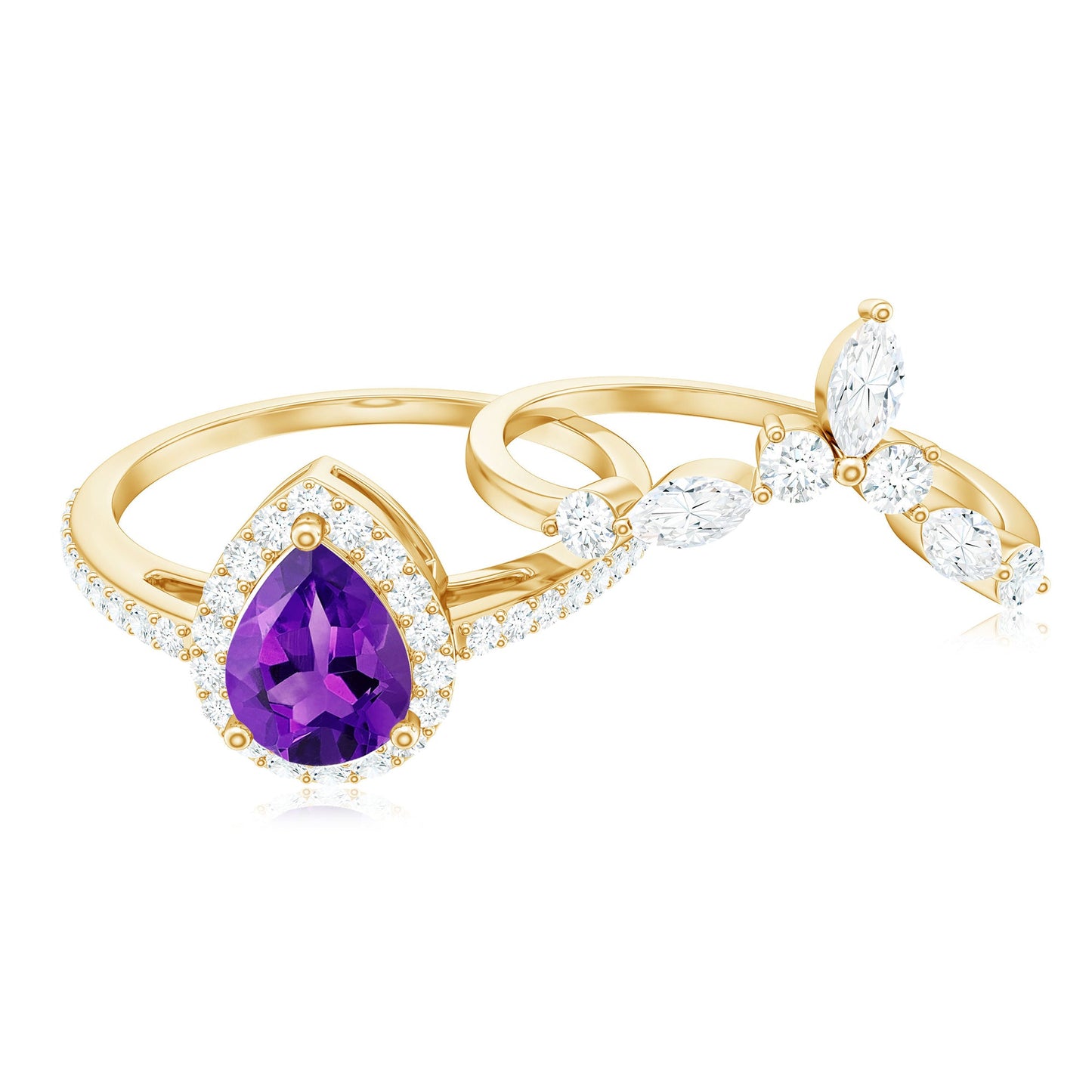 Natural Pear Shape Amethyst Wedding Bridal Ring Set with Certificate