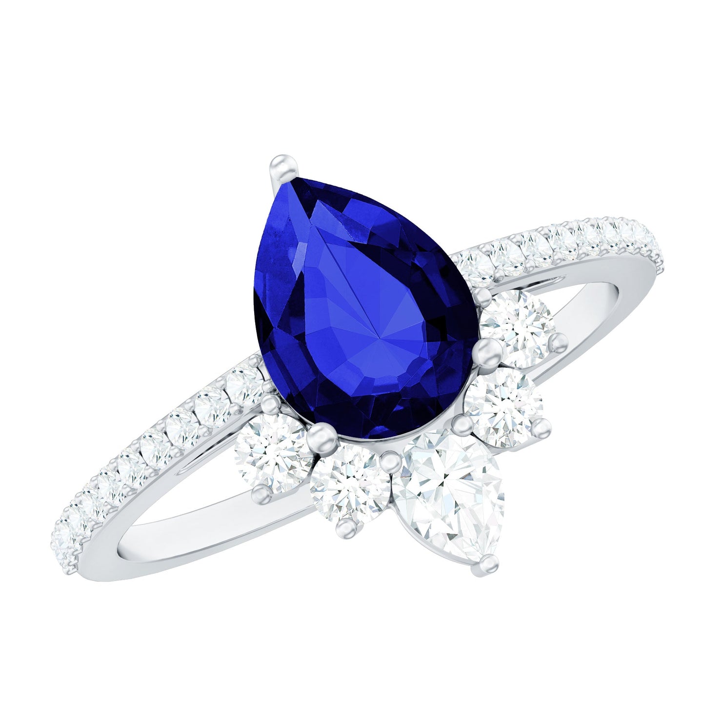 Certified 1.6 Carat Pear Lab Grown Blue Sapphire Designer Engagement Ring with Diamond