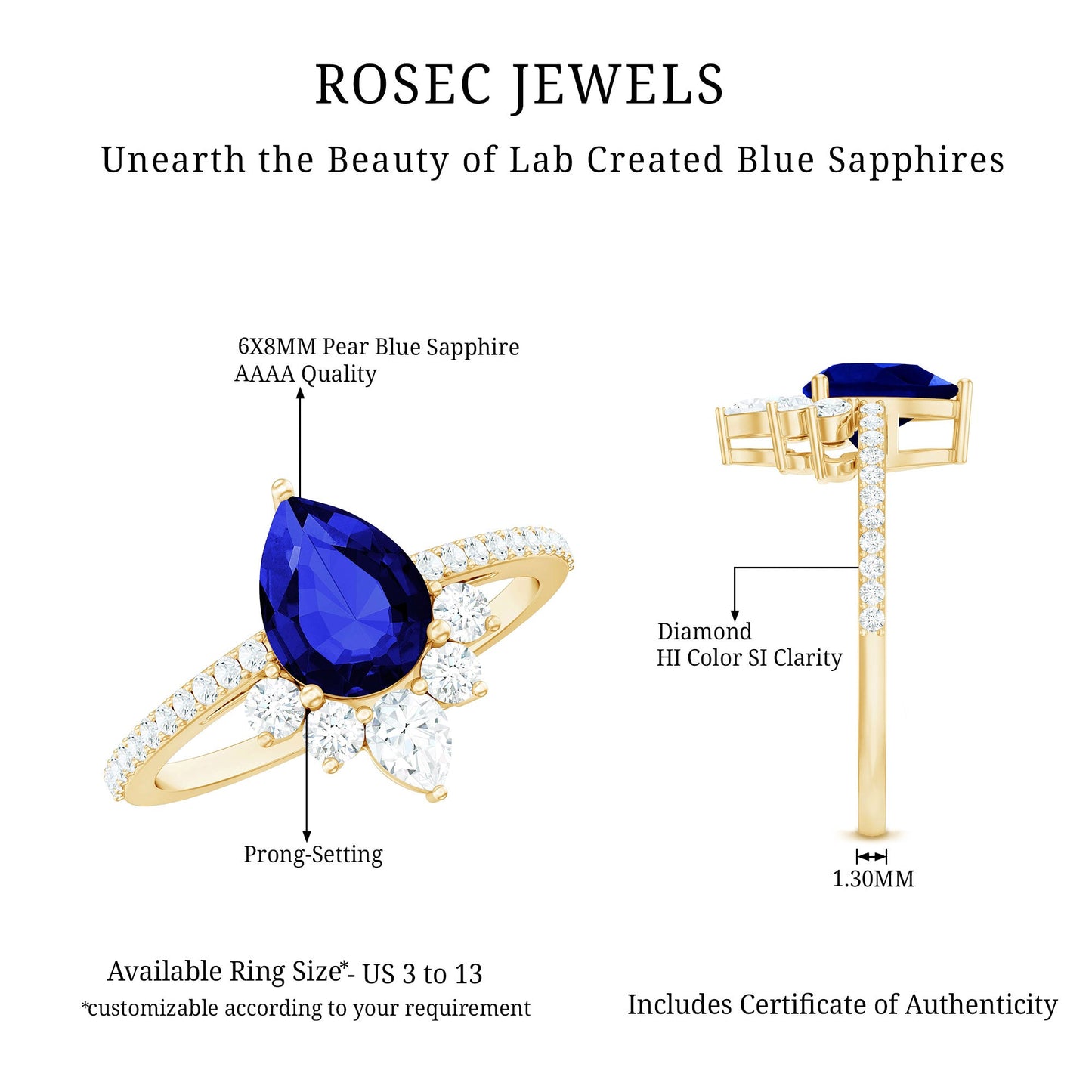 Certified 1.6 Carat Pear Lab Grown Blue Sapphire Designer Engagement Ring with Diamond