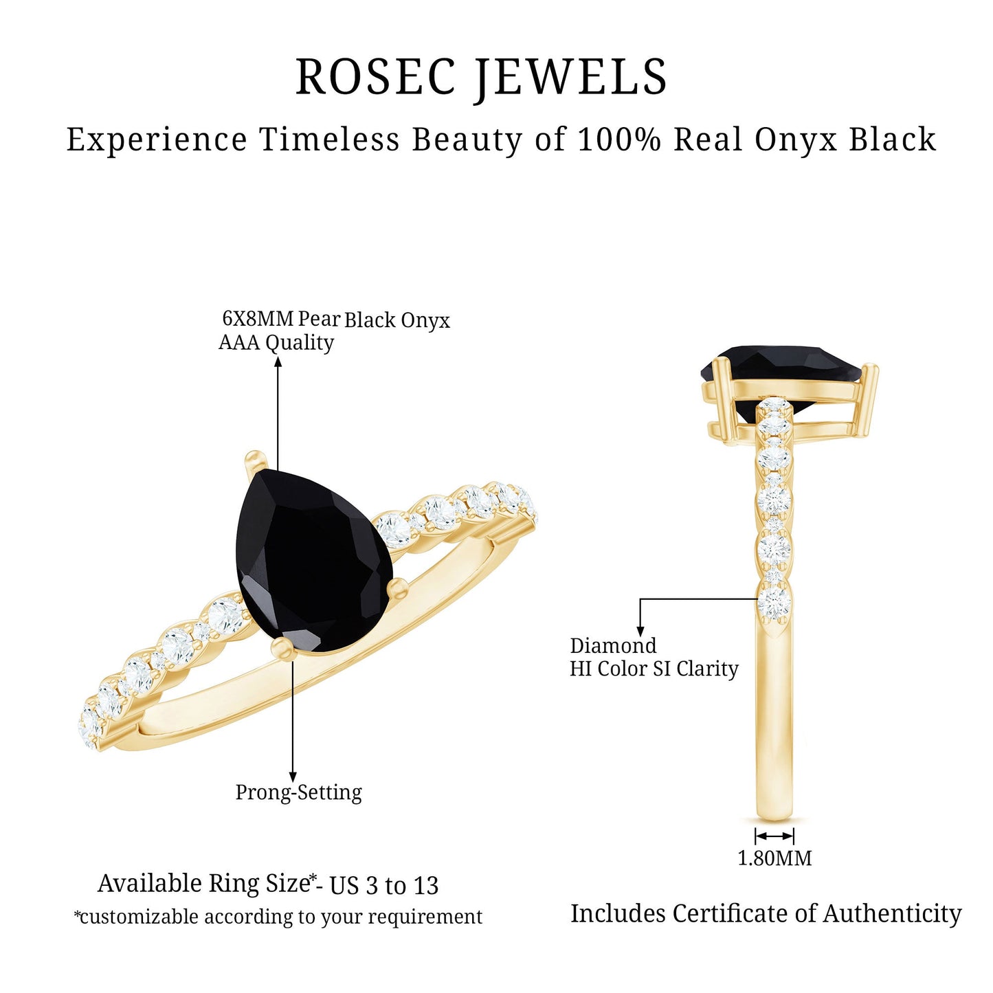 Pear Shape Black Onyx Solitaire Promise Ring with Diamond