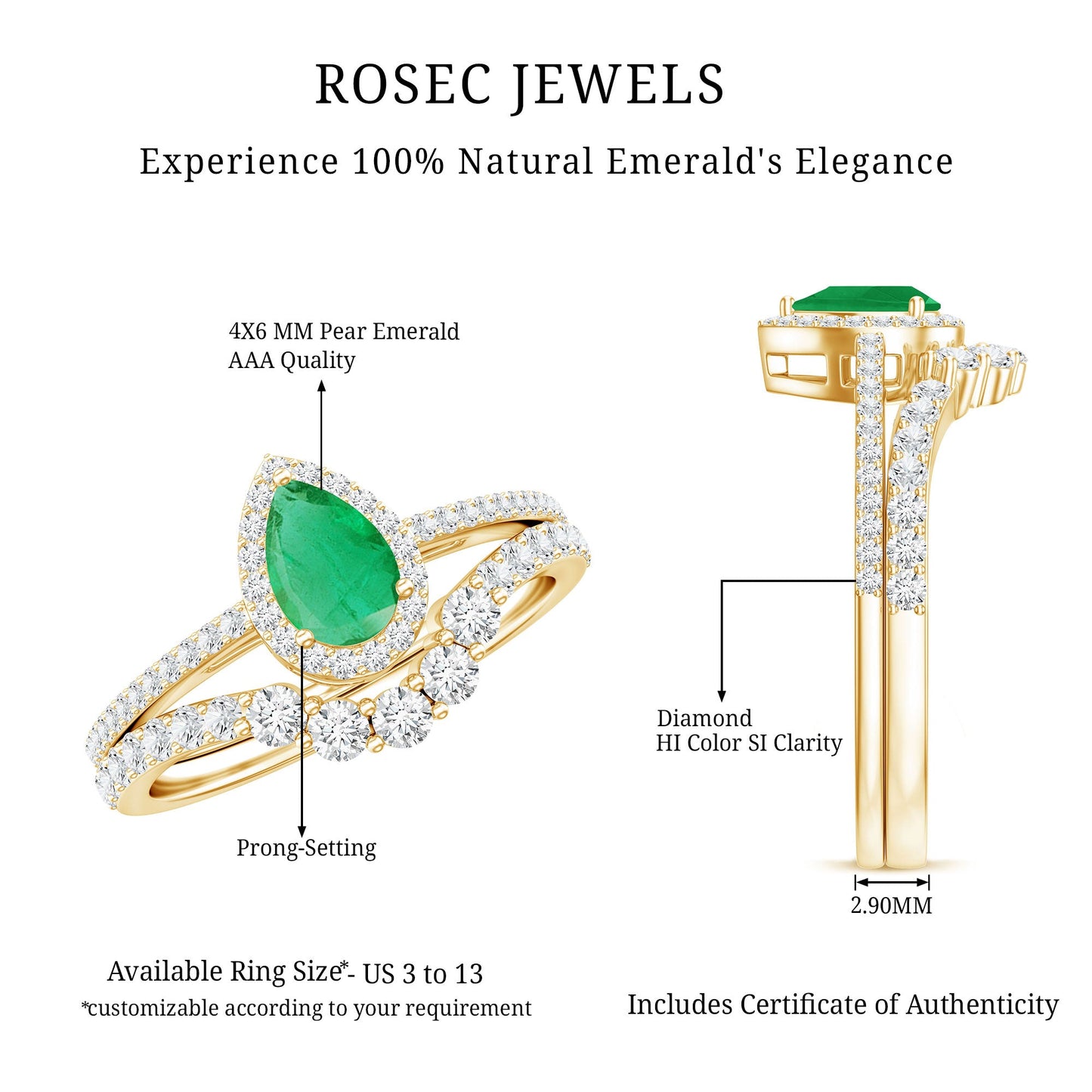 0.3 Carat Natural Emerald Diamond Pear Shaped Engagement Wedding Ring Set of 2