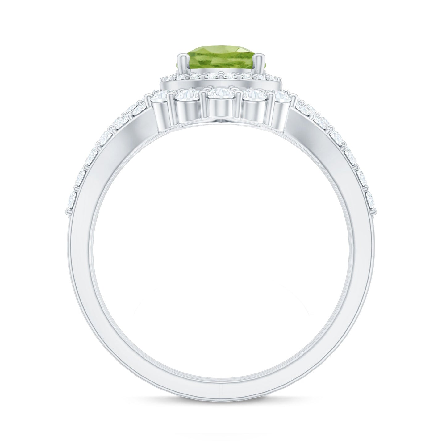 Real 1 Carat Peridot Pear Shaped Engagement Ring with Curved Enhancer