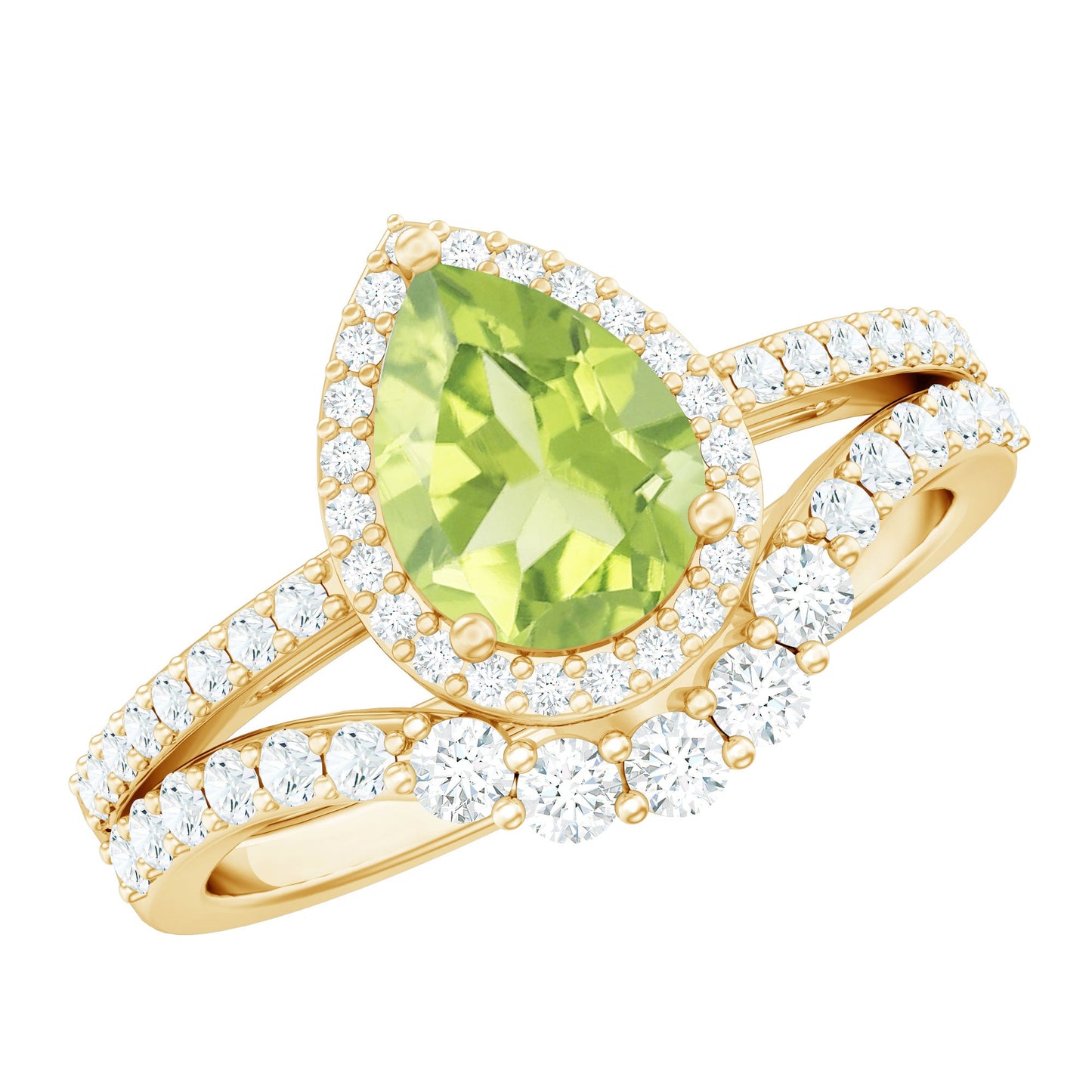 Real 1 Carat Peridot Pear Shaped Engagement Ring with Curved Enhancer
