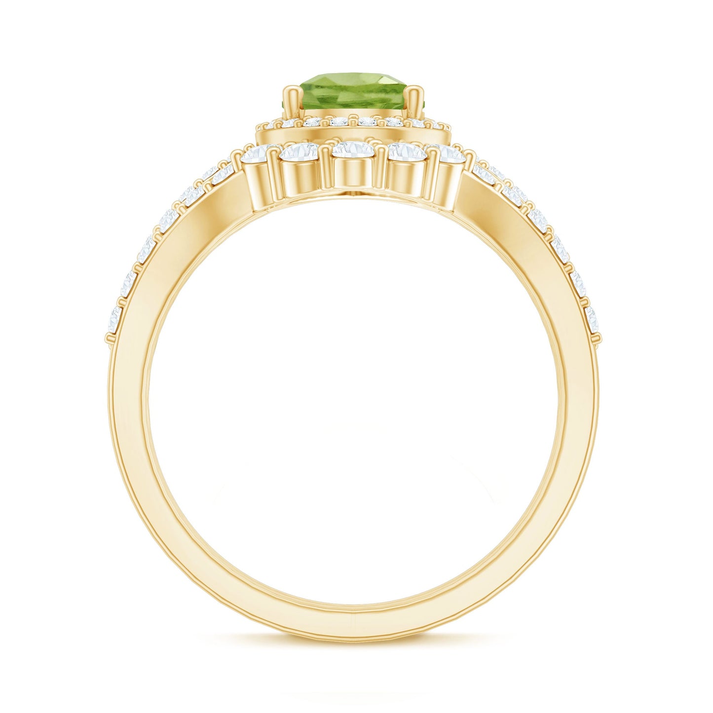 Real 1 Carat Peridot Pear Shaped Engagement Ring with Curved Enhancer