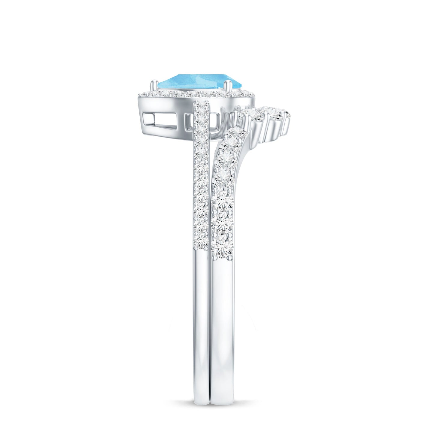 Genuine Aquamarine Teardrop Bridal Ring Set with Diamond Halo