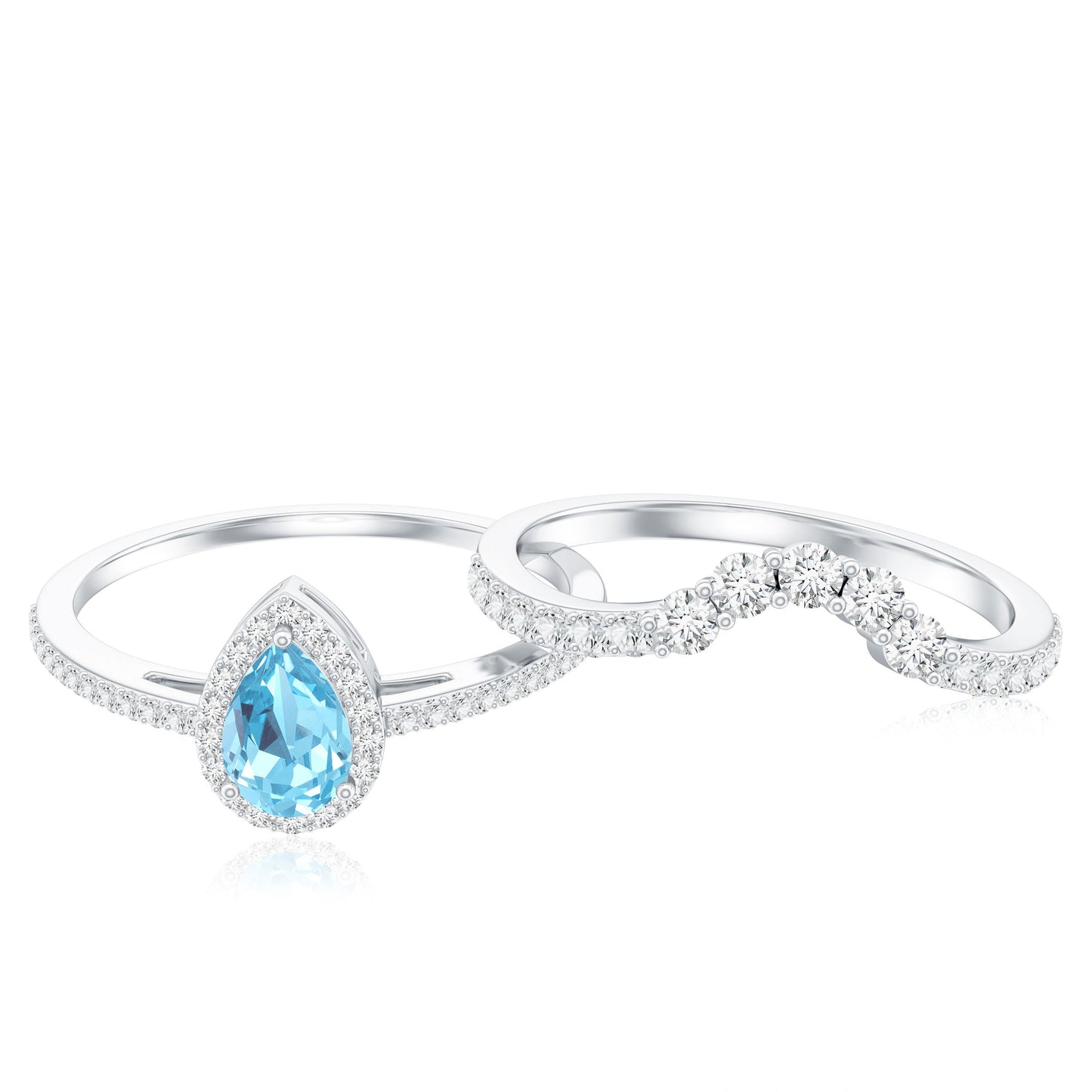 Genuine Aquamarine Teardrop Bridal Ring Set with Diamond Halo